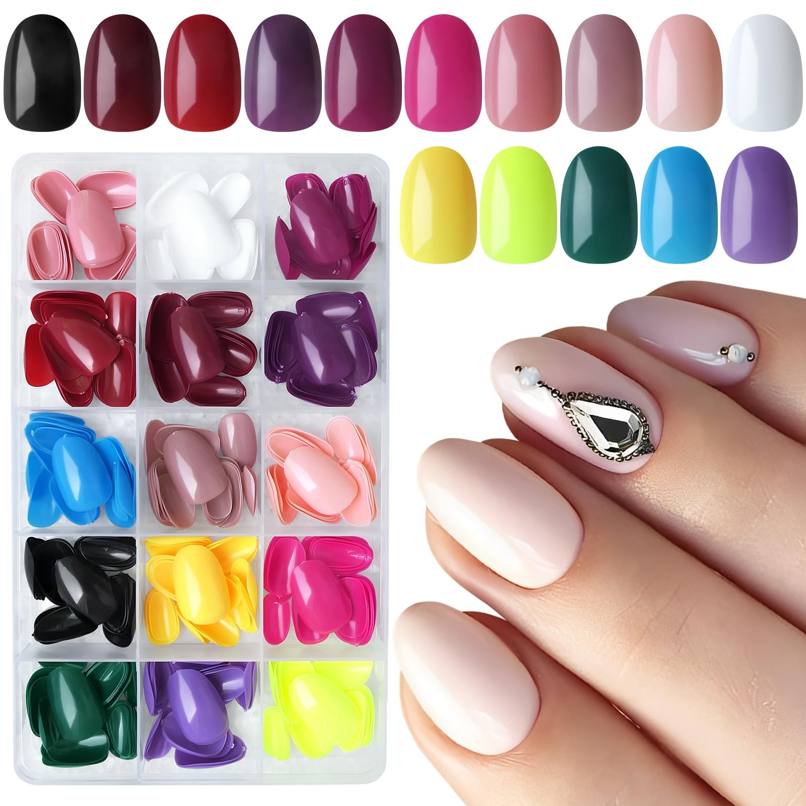 LuckForever 360pc Oval Press on Nails Short Fake 12 Sizes (0-11)