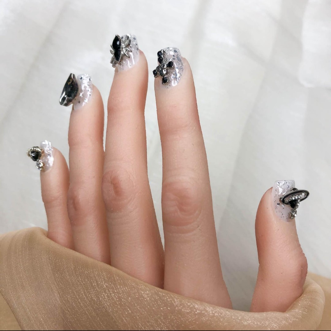 GGDDSHA Midnight Stardust Press On Nails – Handmade Nail Art