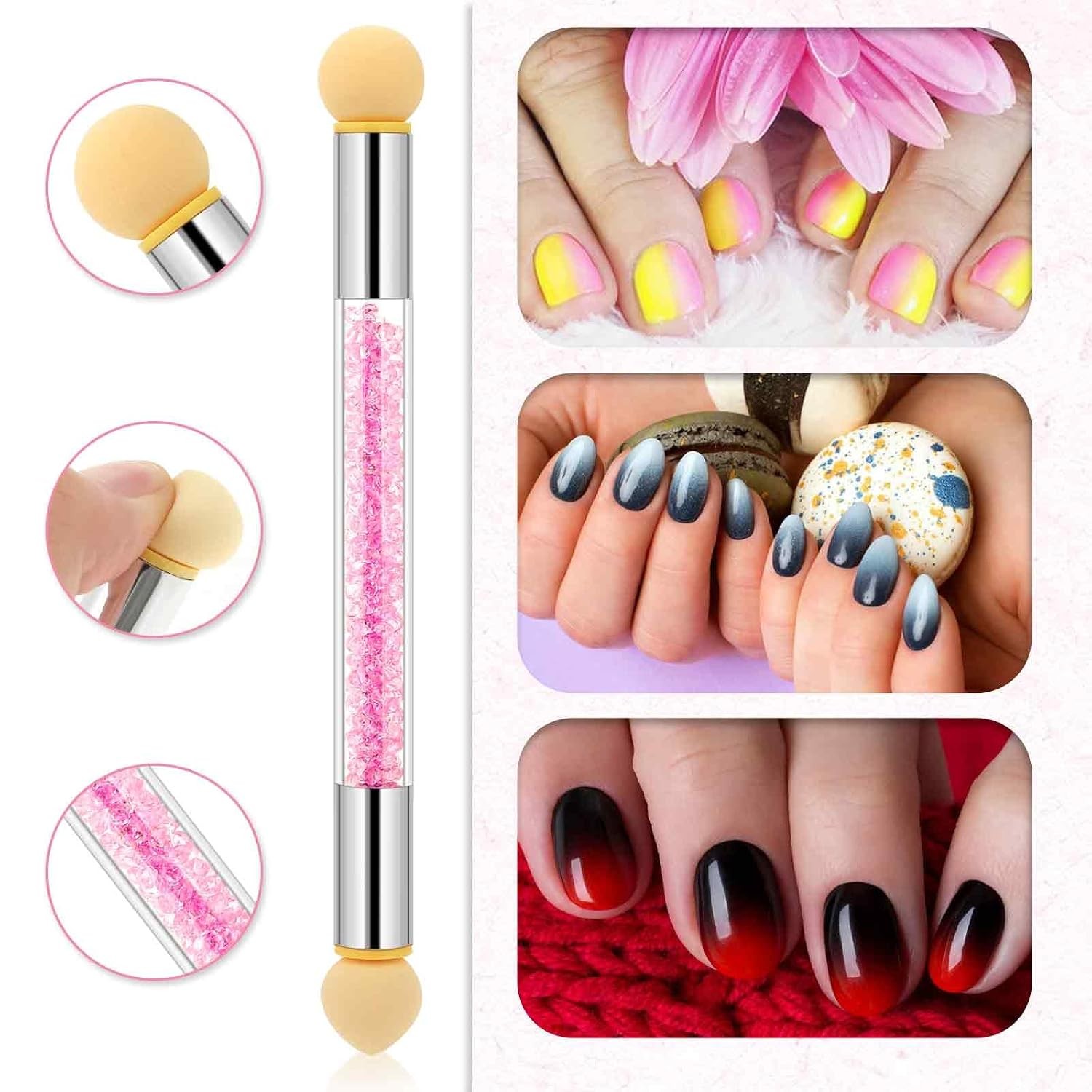 4pcs Ombre Nail Brush Set Gradient Nail Sponges Pen Liner Art Pink