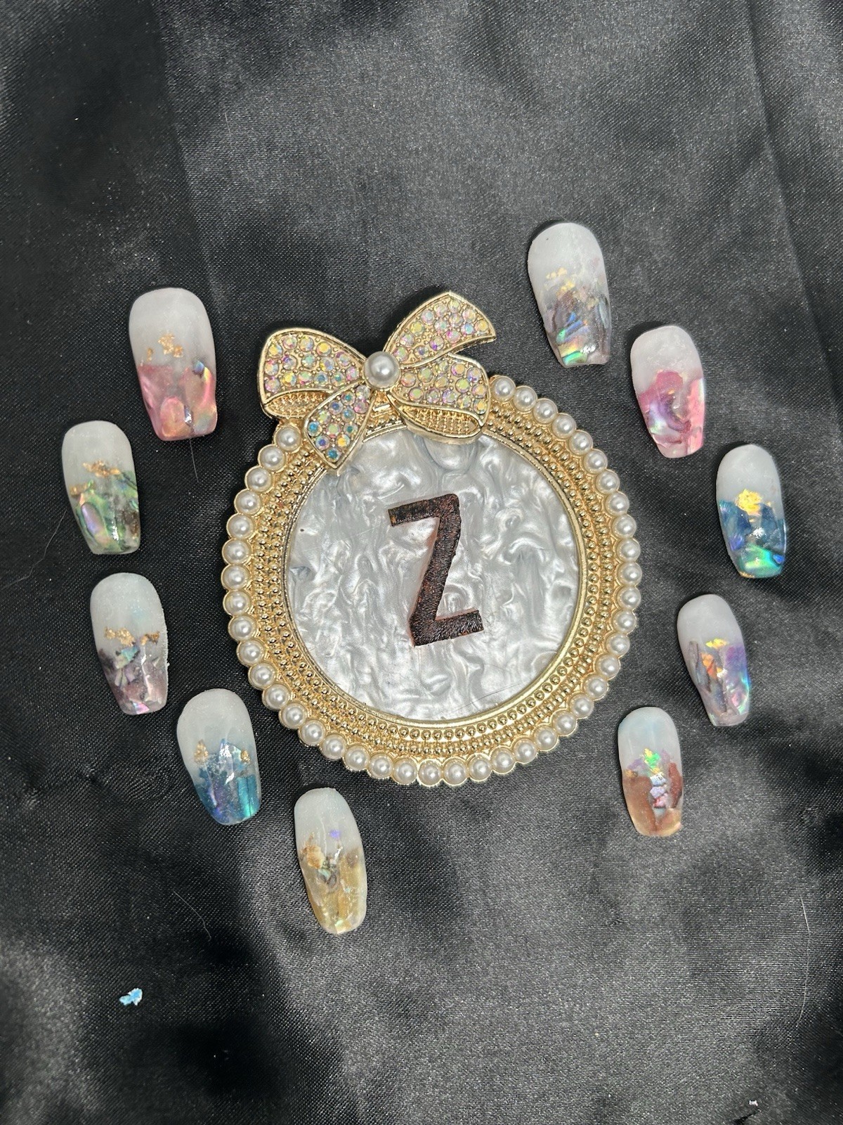 Z NAILZ! Handmade Gorgeous Milky White & Encased Abalone Shell Press On Nails