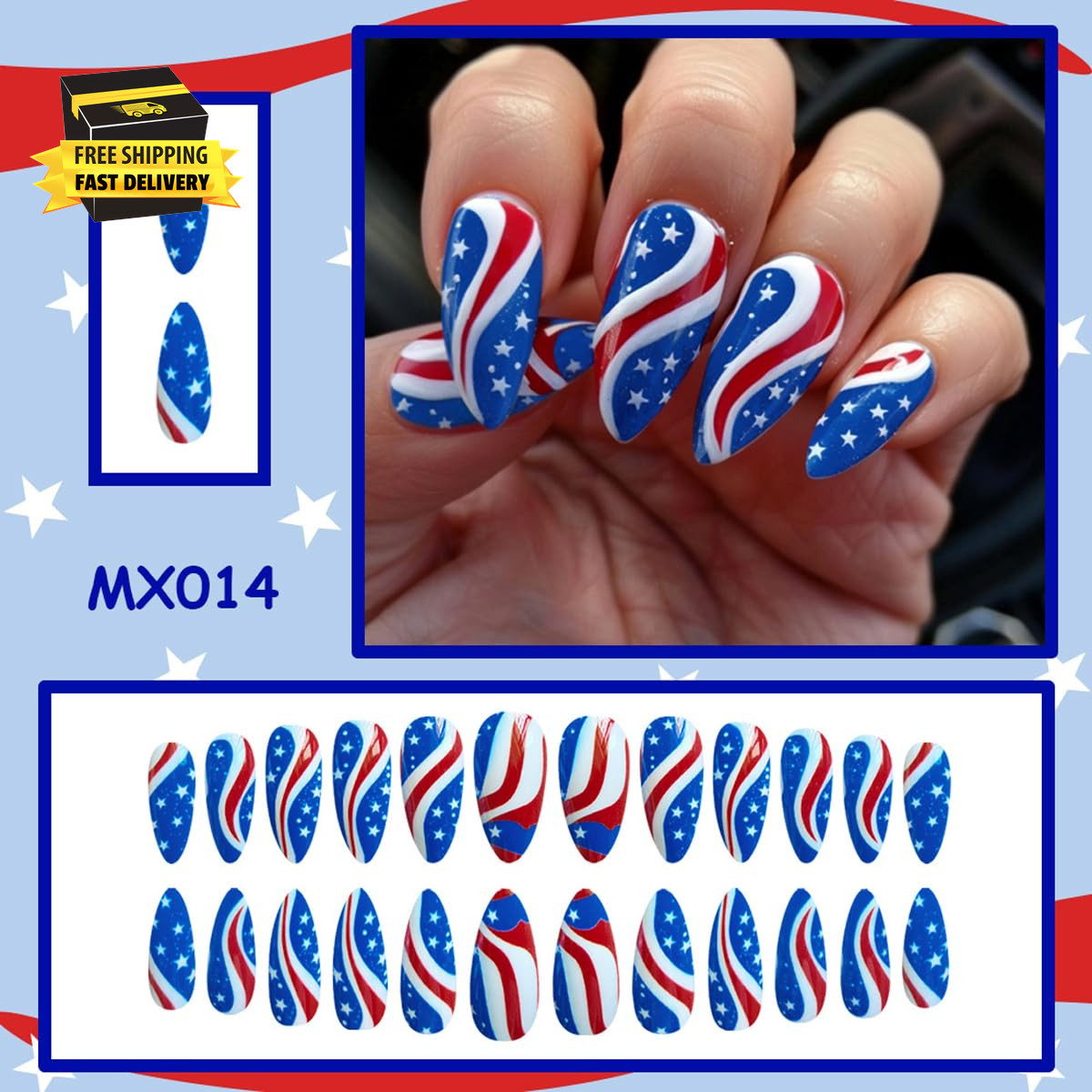 4Th of July Press on Nails Medium Almond Patriotic American Flag Fake Nails with
