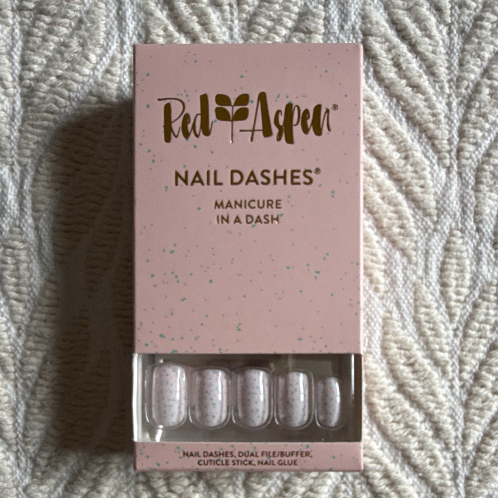 Red Aspen Nail Dashes Press-On Nails Speckled, Mint, Pink bunny Glue Included