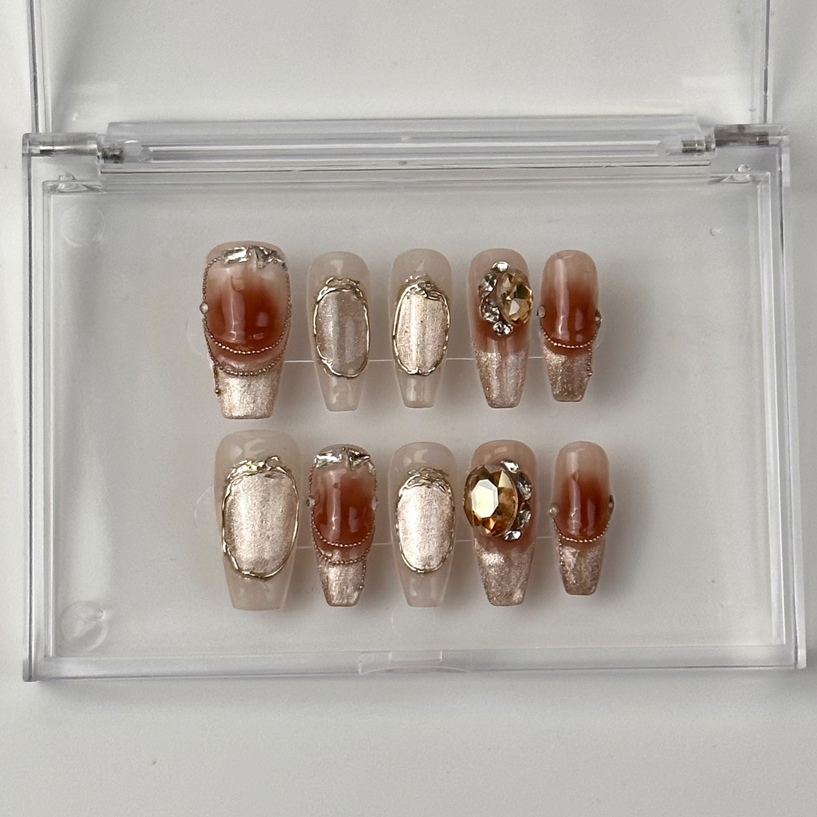 Marble Brown Cat Eye Amber Press On Nails, 3D Gold Luxury Handmade Nail Set