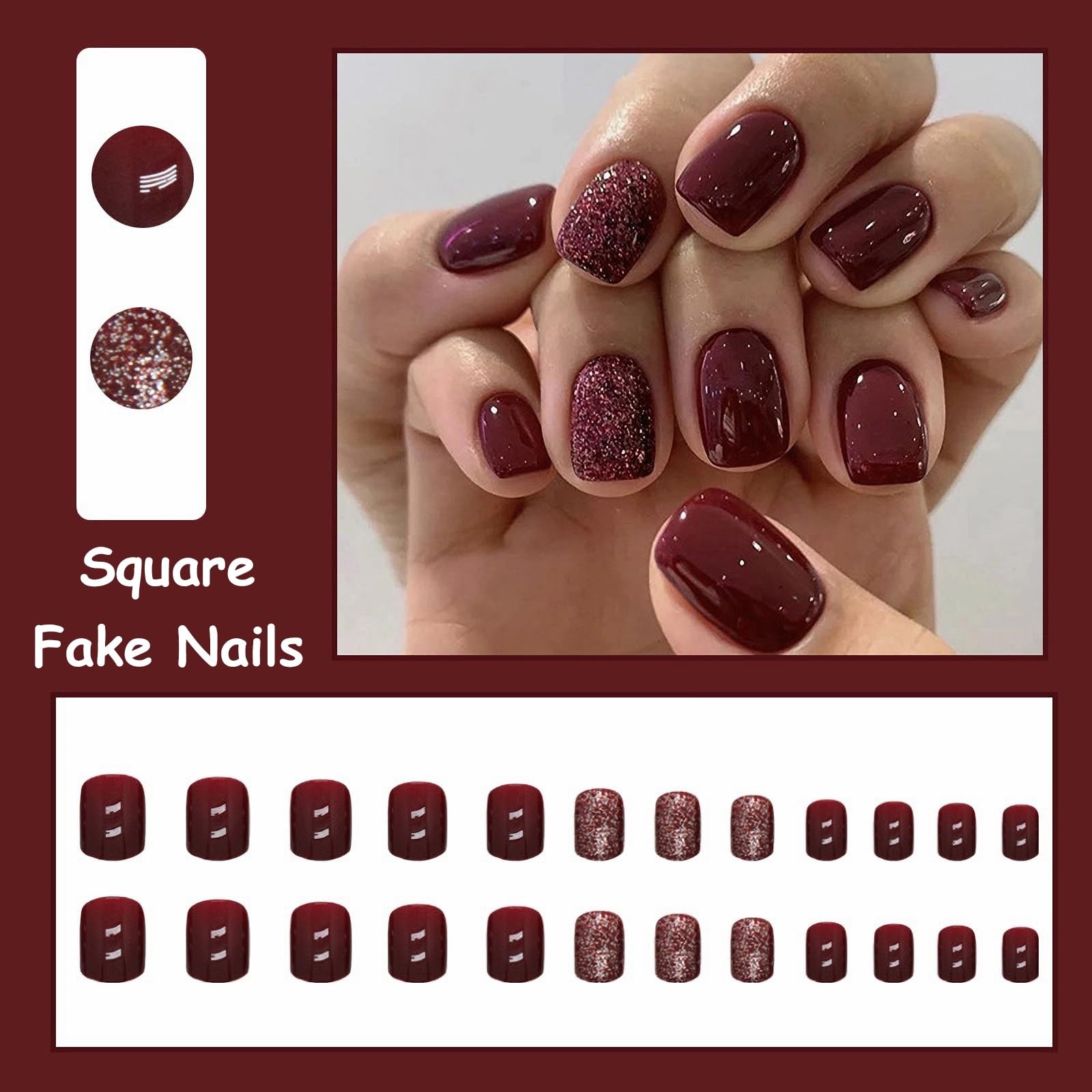Press on Nails – Short Square Fake Nails with Burgundy, Acrylic Bling Glitter…