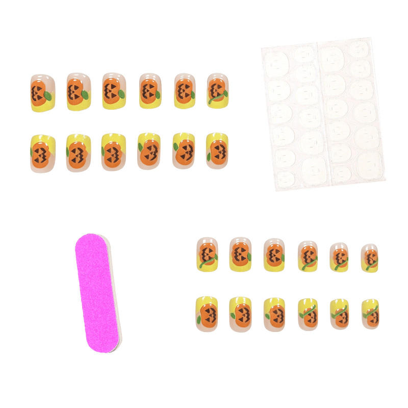 48Pcs-Short Square Neon Yellow French 3D Pumpkin Halloween Press on Nails