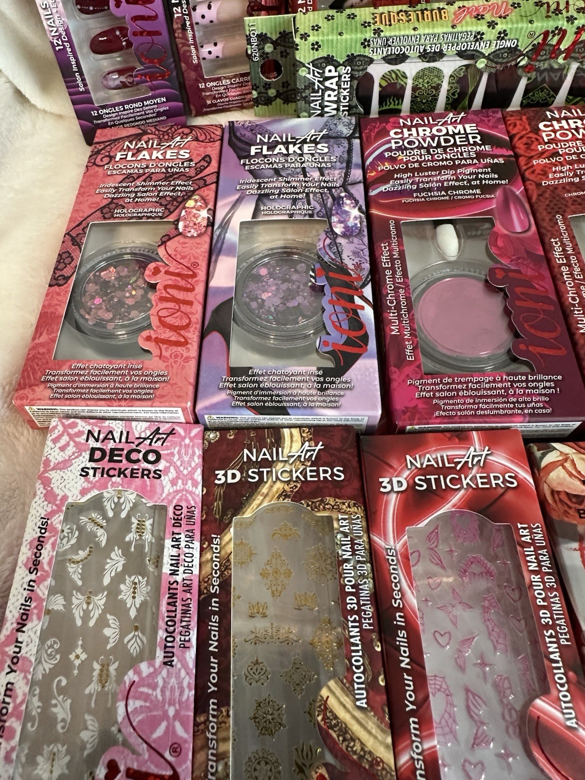 Brand New Ioni Nail Art ~Lot Of 20~Chrome Powder, Wraps,Stickers,Tips,Flakes,Oil