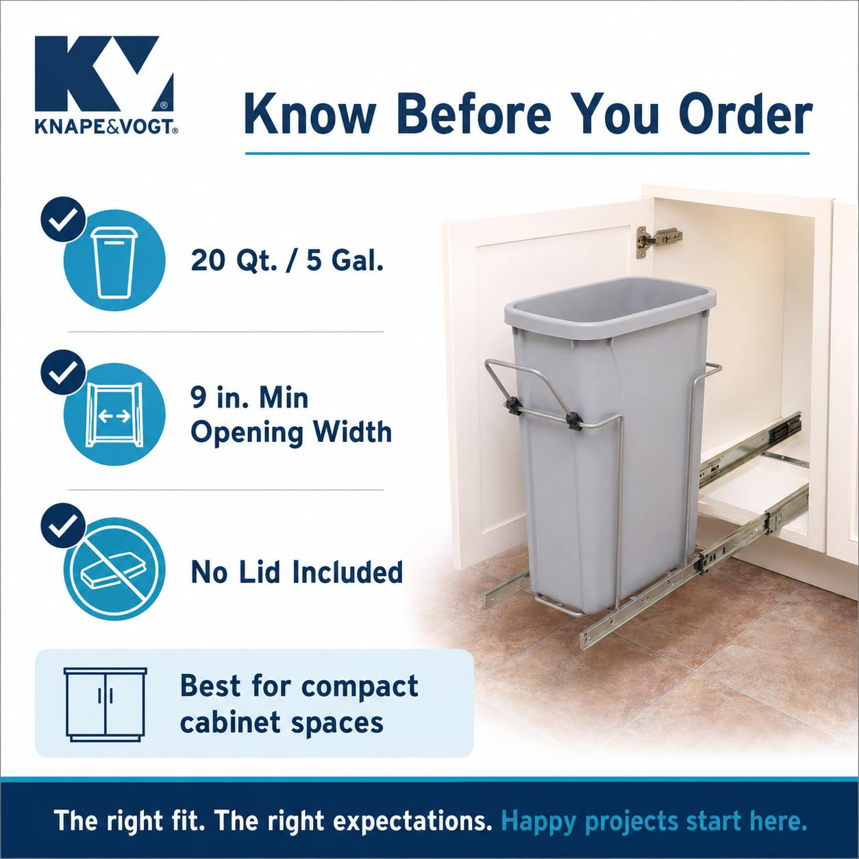 Soft-Close Pull-Out Trash Can for Cabinets, 20 Qt (5 Gallon) Bottom Mount Single