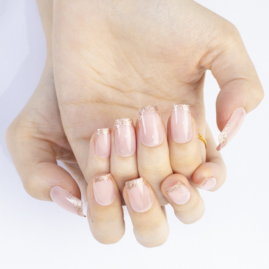 48pcs-Pink Glitter French Tip Nails, Press on Medium Square with Sparkly Ombre