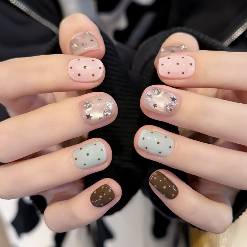10Pcs Short Square Oval Two Tone Cat Eye Nails Korean Style Daily Nails