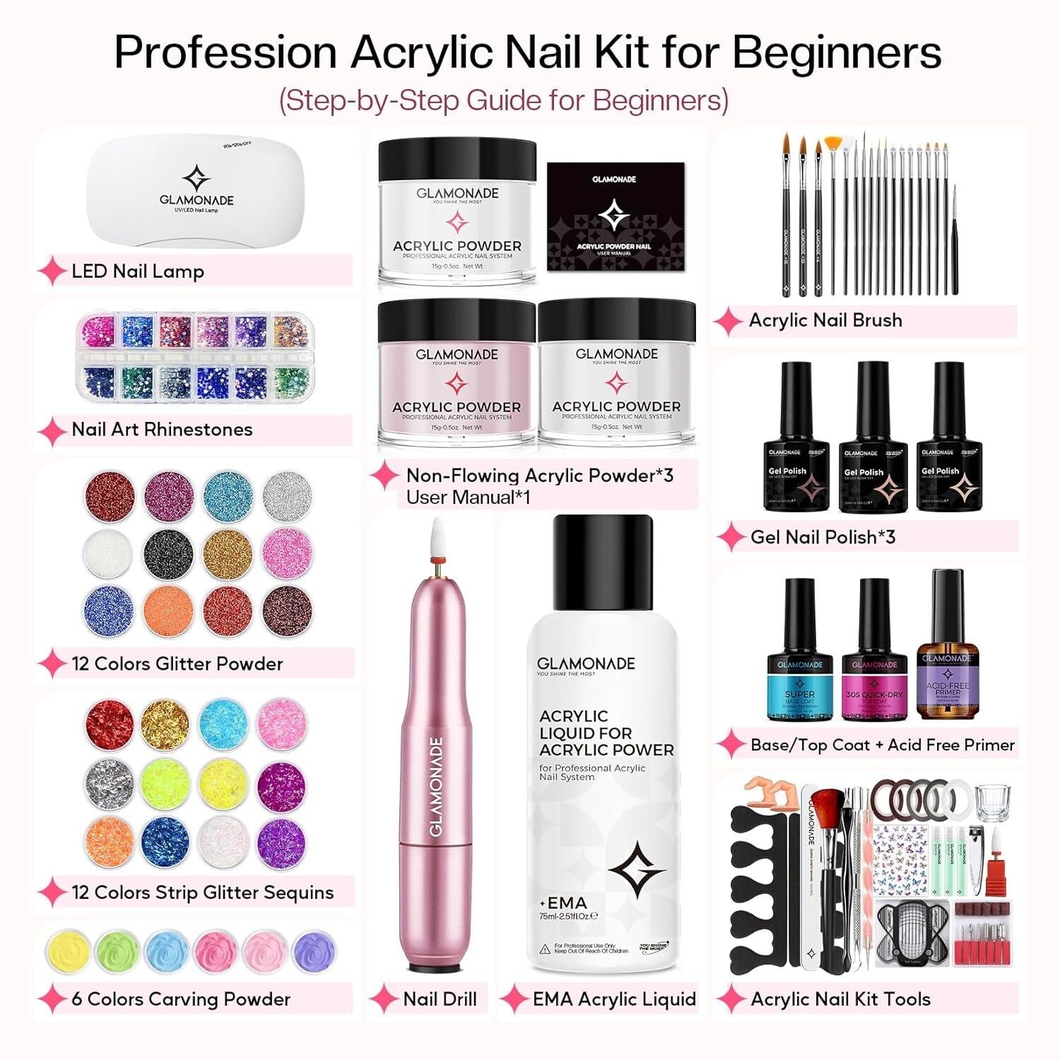 Acrylic Nail Kit for Effortless Manicures: Includes Drill & Brushes