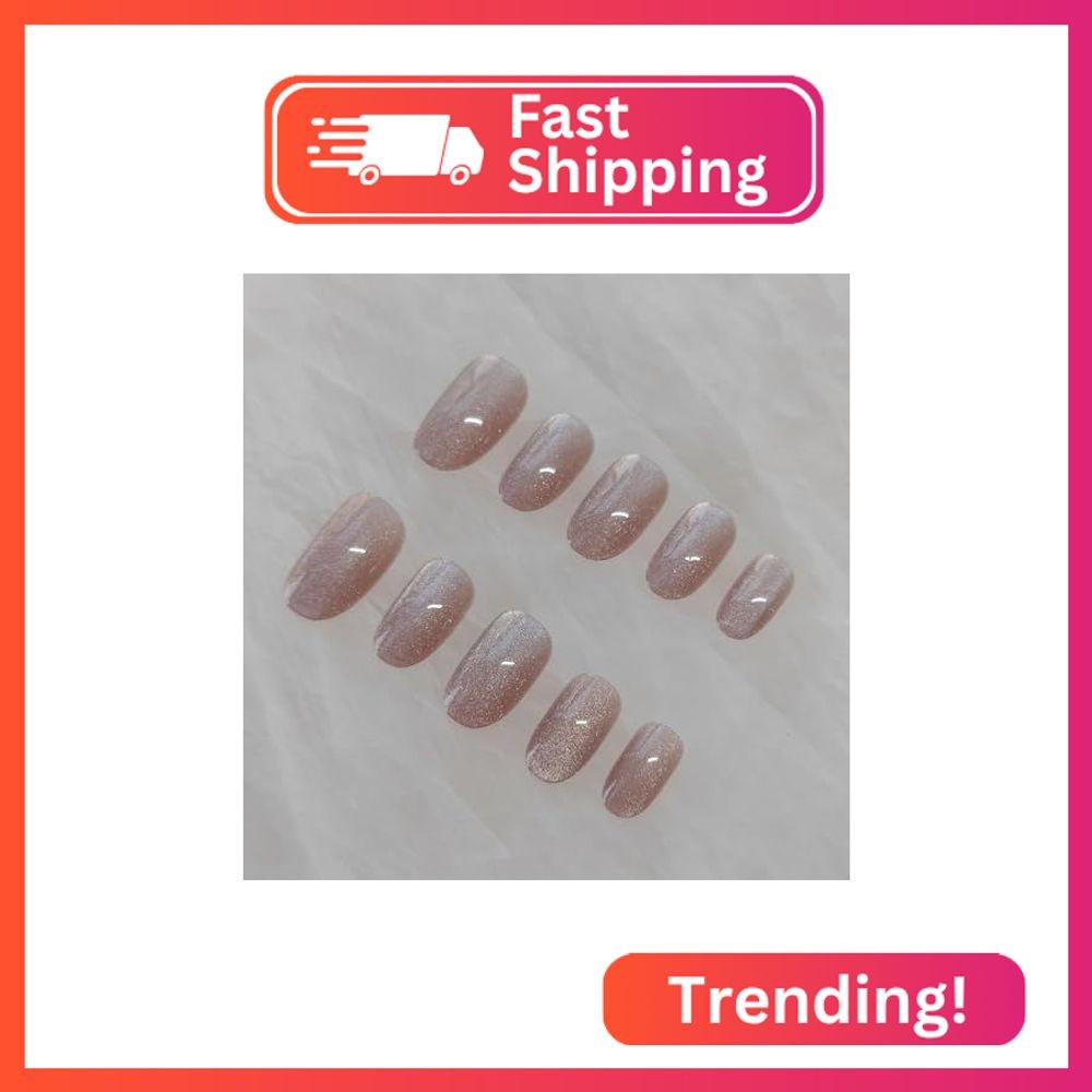 Glossy Cat Eye Short Round Press-On Nails for Daily Wear, Matte (Brown Velvet, 2