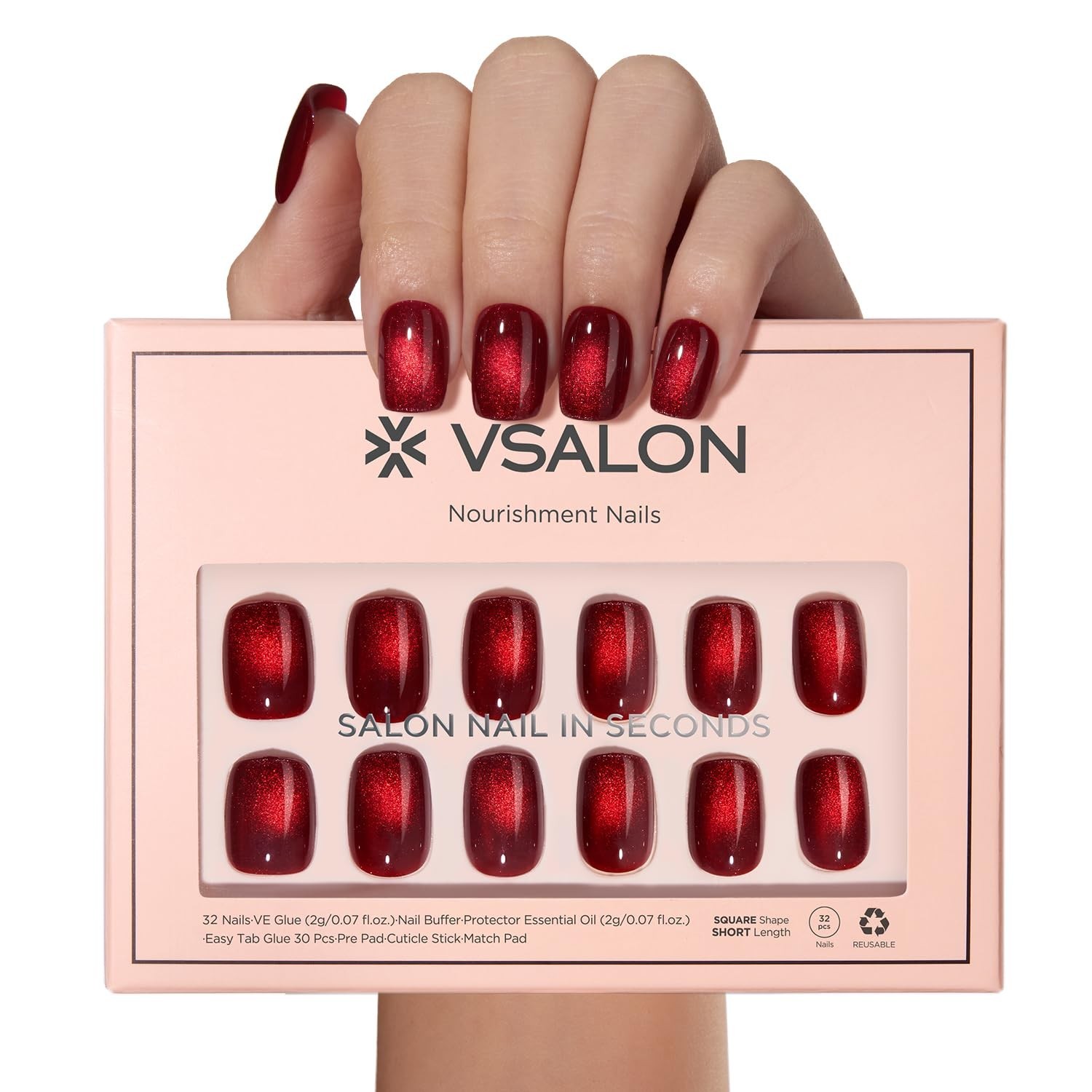 Short Square Press on Nails – Red Cat Eye Glitter, Burgundy Magnetic Effect, 32