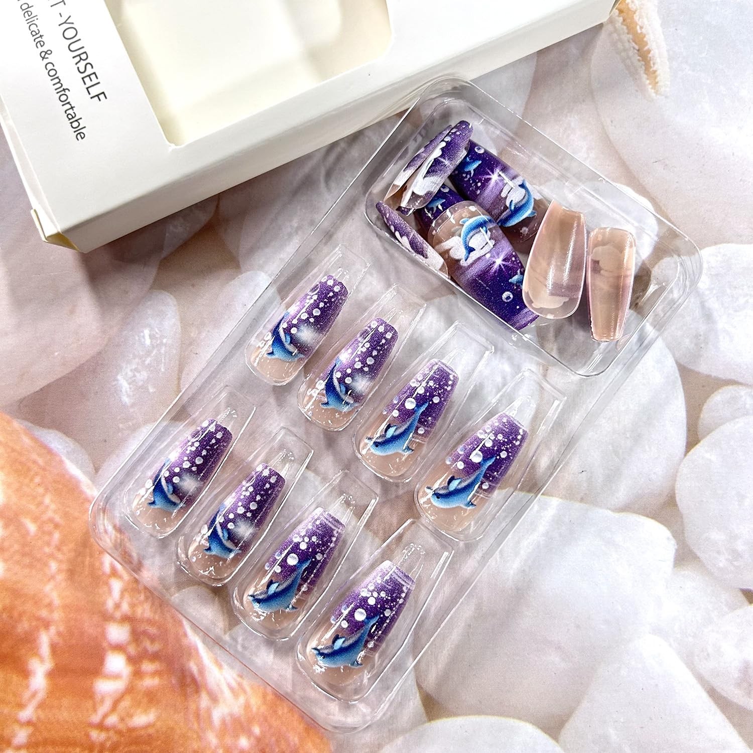 24Pcs Dolphin Press on Nails Ballet Shaped Long Length Cute Blue Dolphin Patt…