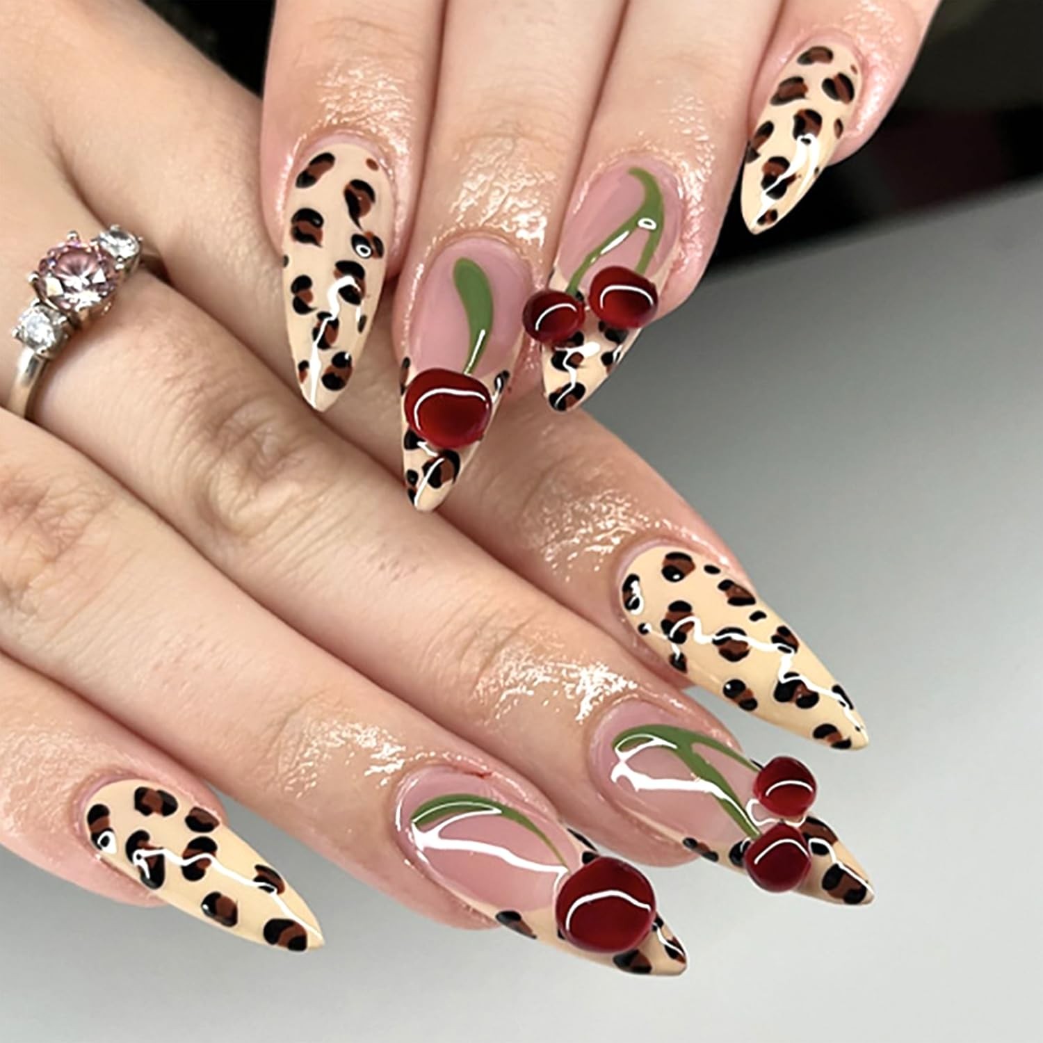 LWTZLW Leopard French Tip Press on Nails 3D Cherry Medium Almond False Nails …