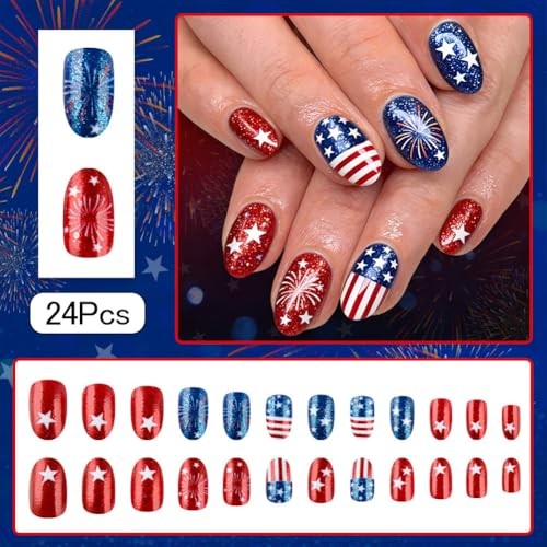 Short Almond Fake Nails – 4th of July Press On Nails