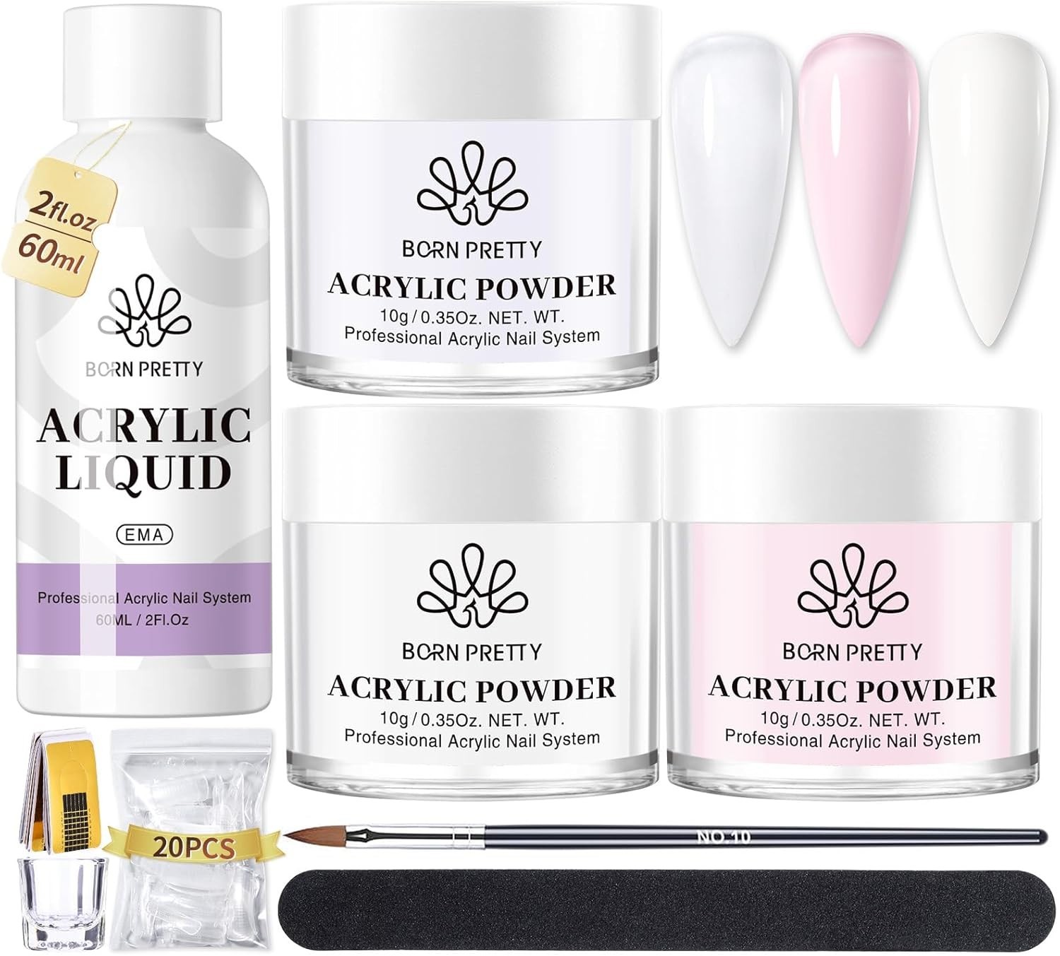 Luxury Acrylic Nail Kit: Pink, White, Clear Powder & Monomer for 40 Perfect Tips