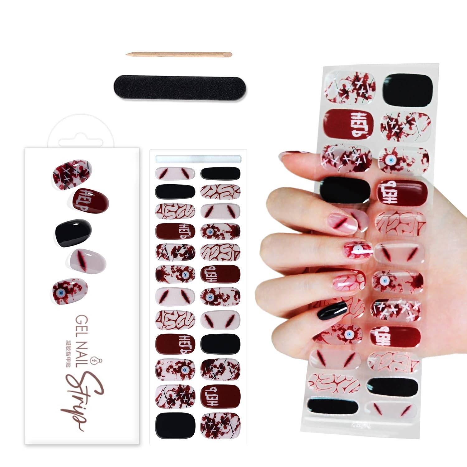 Halloween Semi Cured Nail Strips, 24 Tips Bloody Thrilling Halloween Designs …