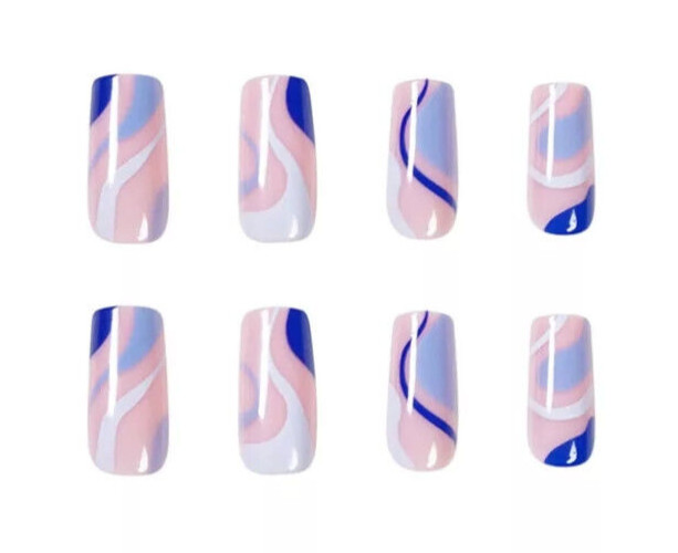 24 Press on nails kit w glue square 90s y2k blue swirl lava lamp pink