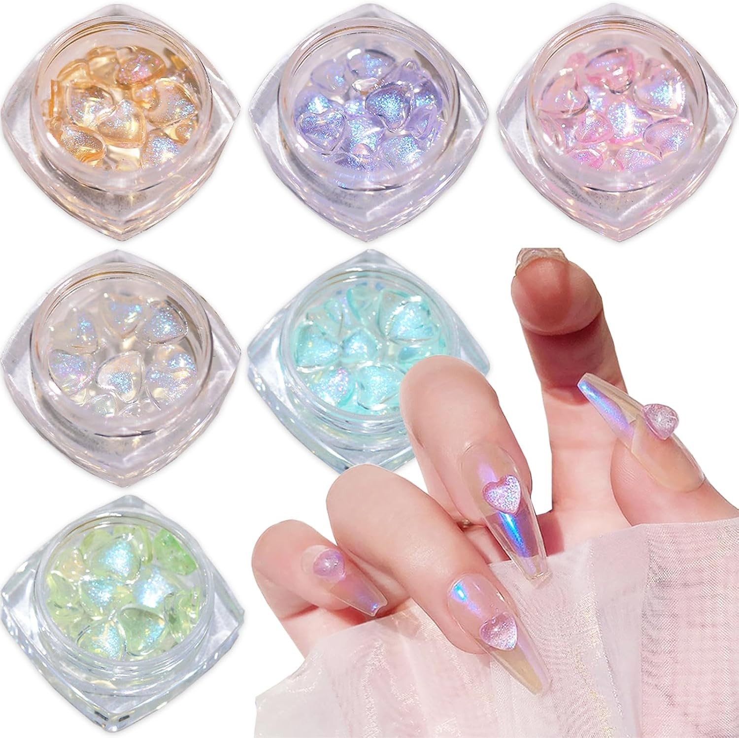 6 Jars Heart Nail Art Charms, 180Pcs Aurora Resin Rhinestones 3D