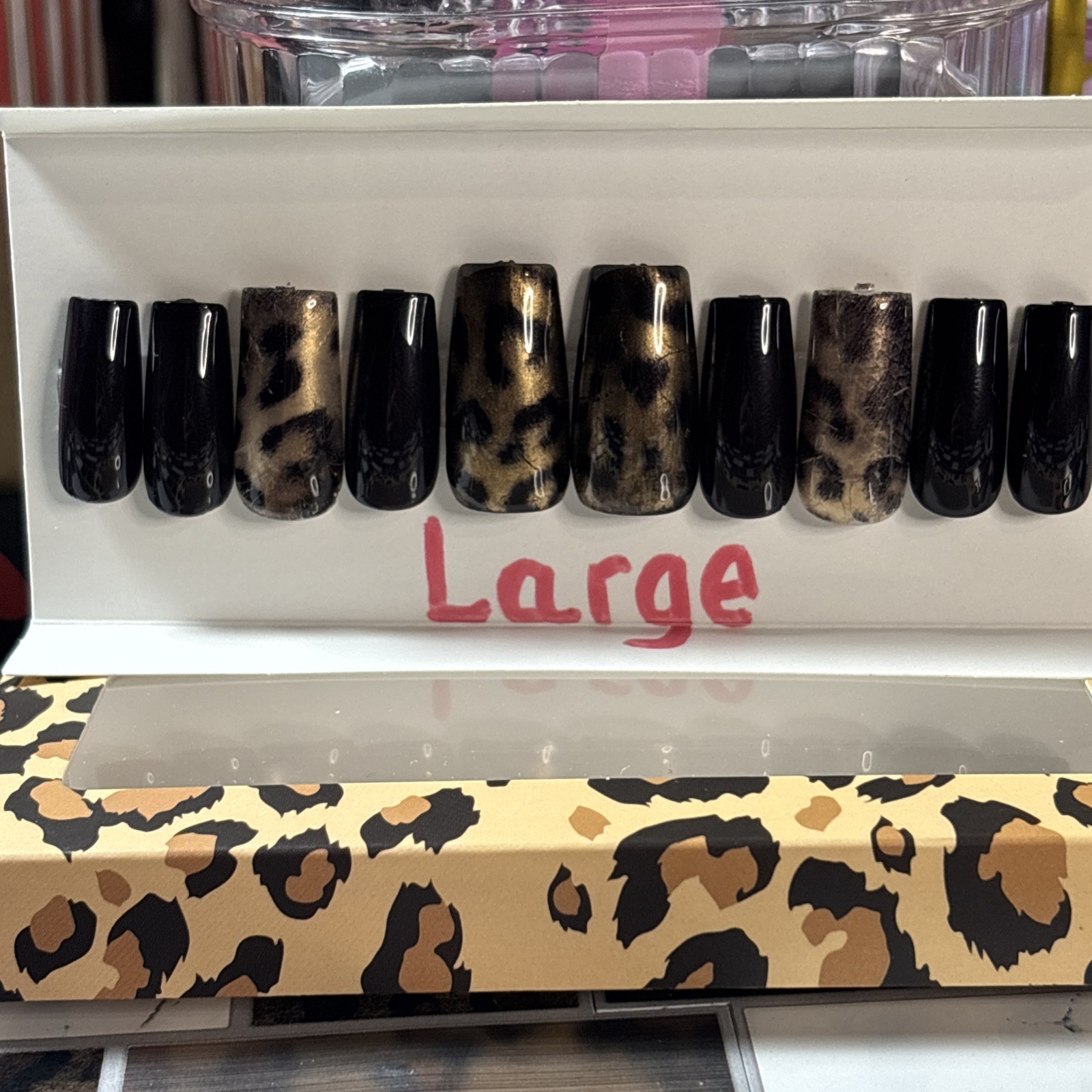 Press-On Nails Long-Square Black&Brown Animal Print Sz Large