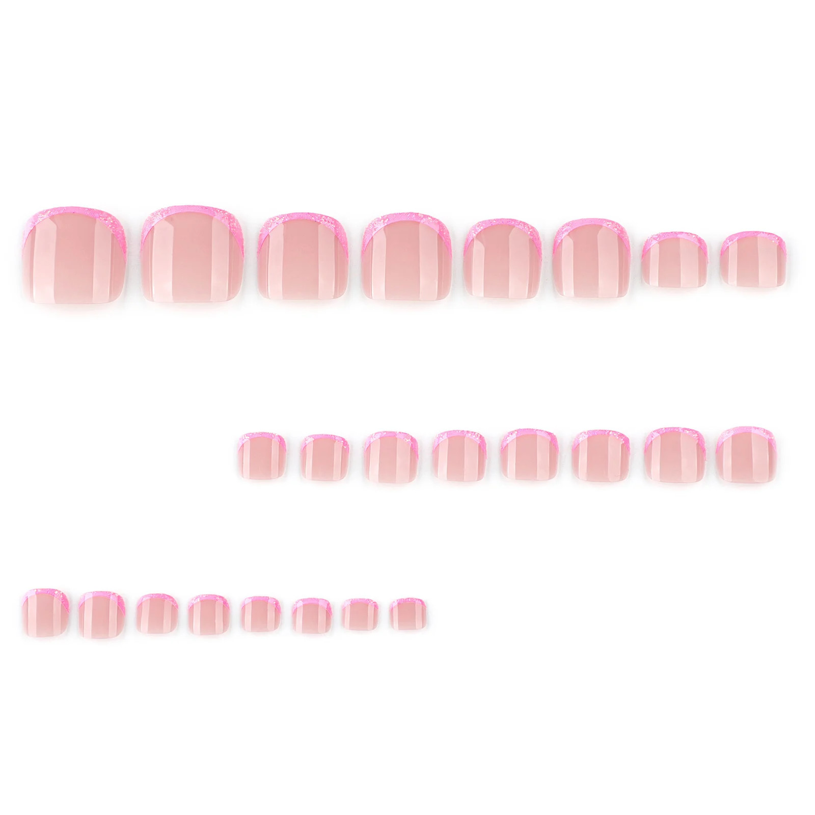 24Pcs Pink French Tip Press On Toenails Shiny Sequins Summer Fake Nails