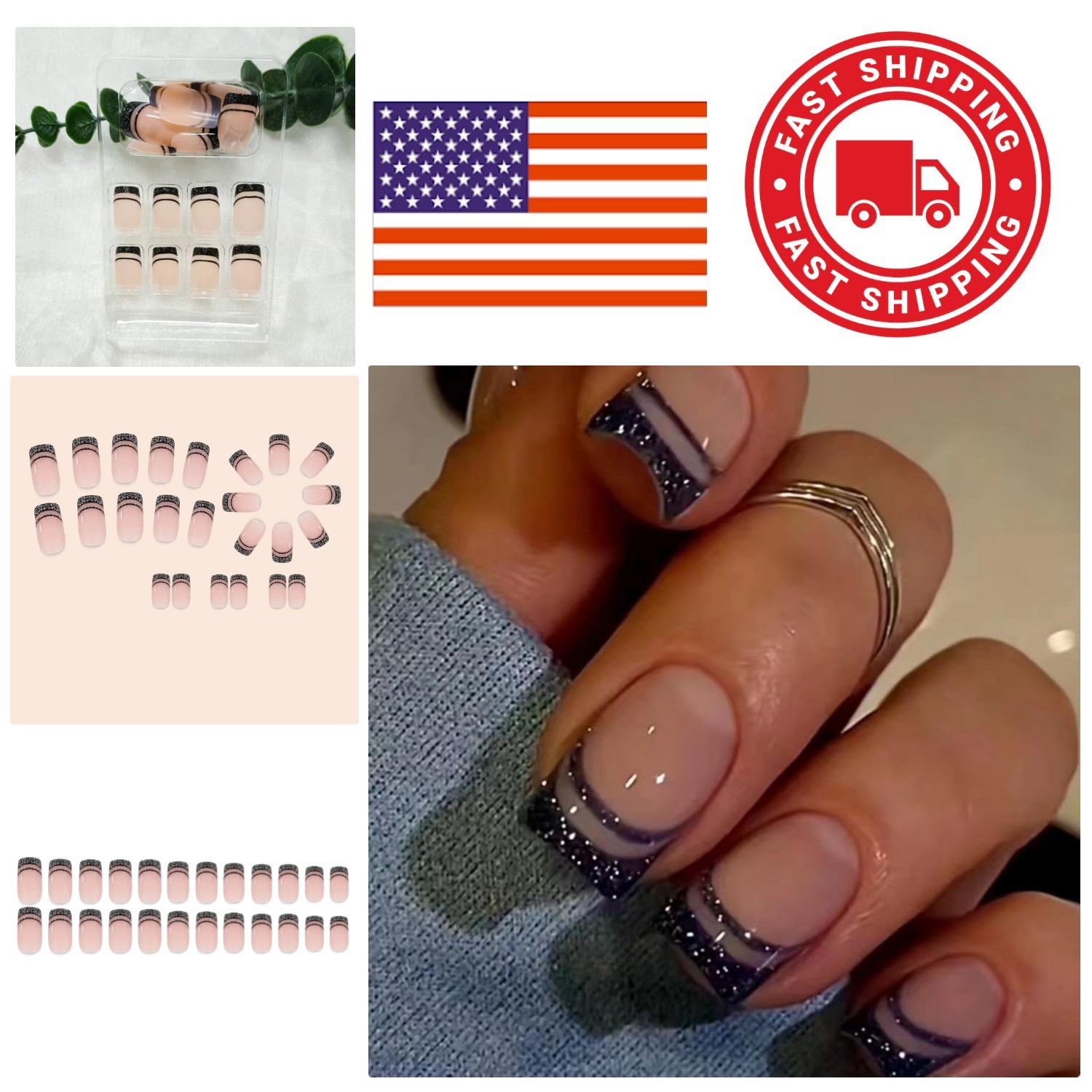 Glitter Black French Tip Press On Nails Medium Square DIY Manicure Kit 24pcs