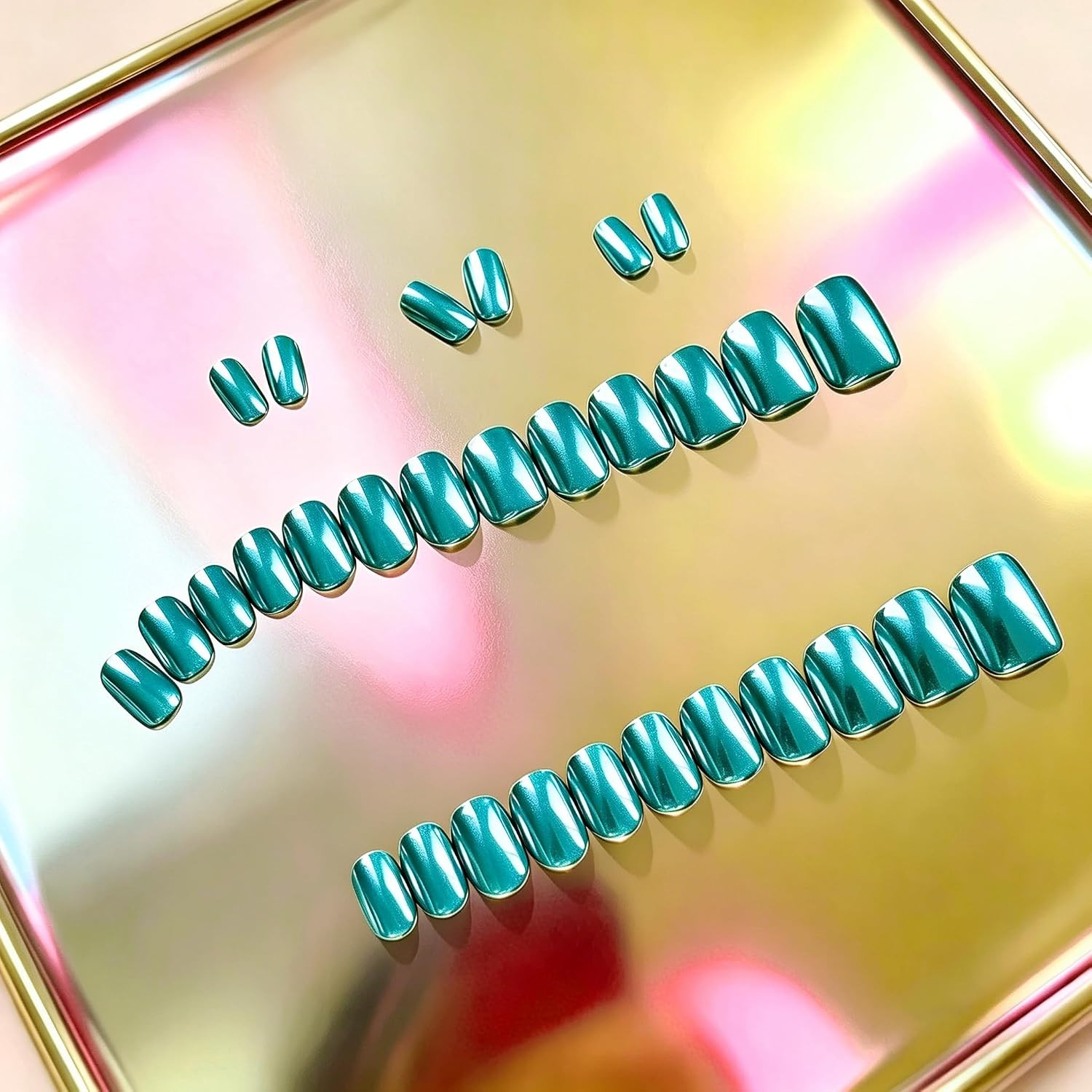 30PCS Short Square Chrome Press On Nails Teal Blue Glitter Fake Nails for Women