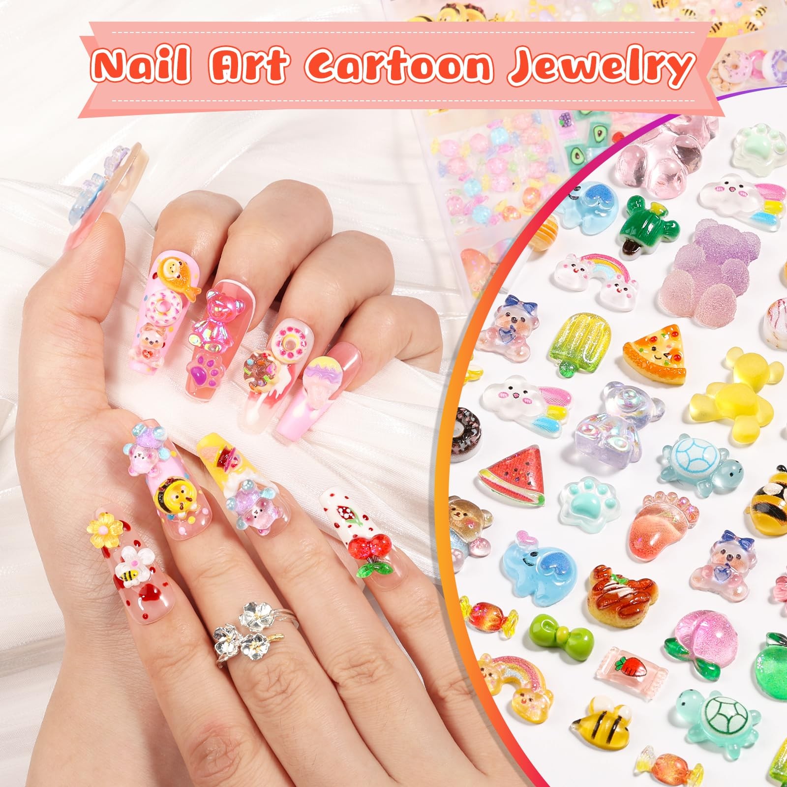 Kikonoke 300PCS Kawaii Nail Charms Kit, 3D Animal & Candy Animals &