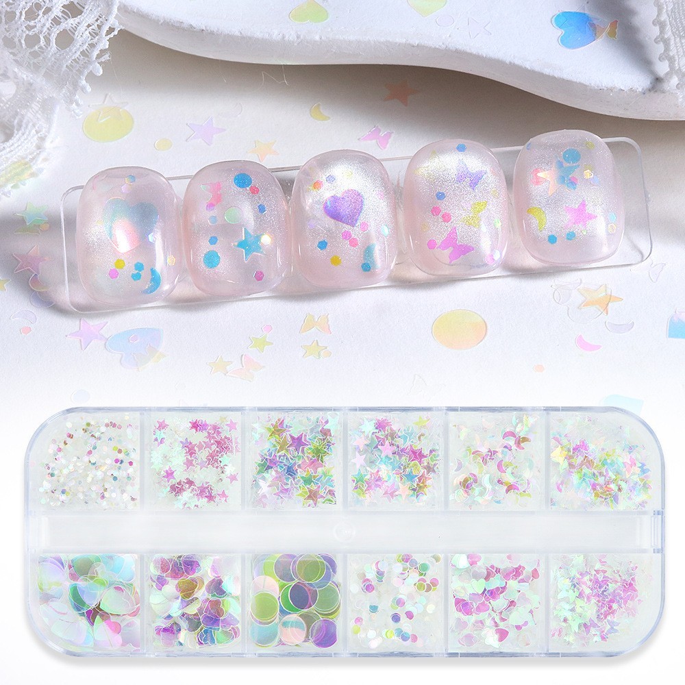 Glitter Nail Art Sequins 12 Grids Butterfly Star Heart Circle Shapes DIY Decor