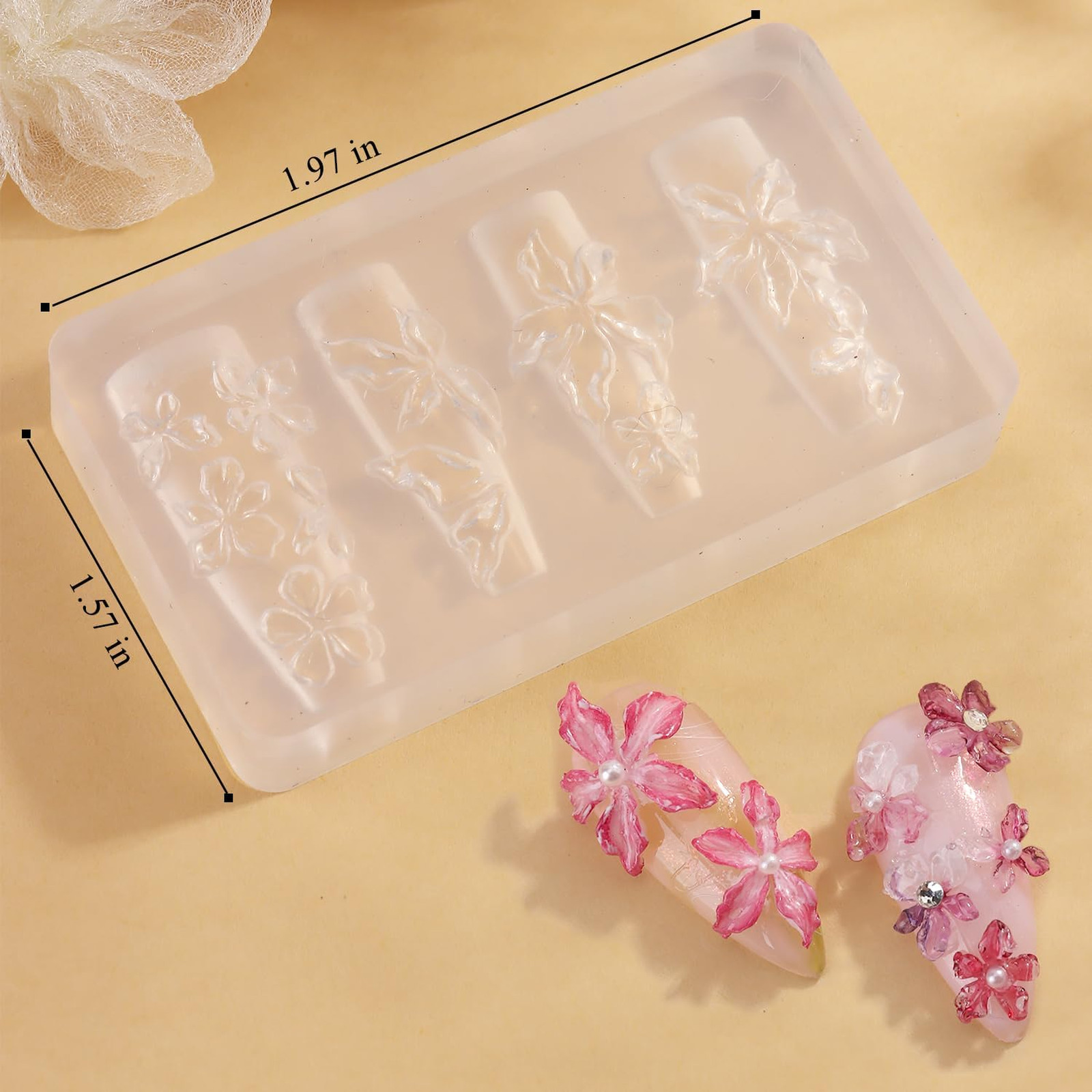 Silicone Nail Art Molds 3D Flower Design Reusable with Carving Pen 2PCS Cherry
