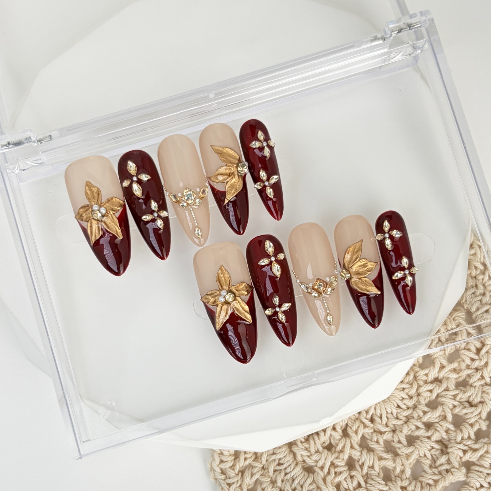 Vintage Gold Maple Leaf Red Press-On Nails with Pearls & Rhinestones Long Almond