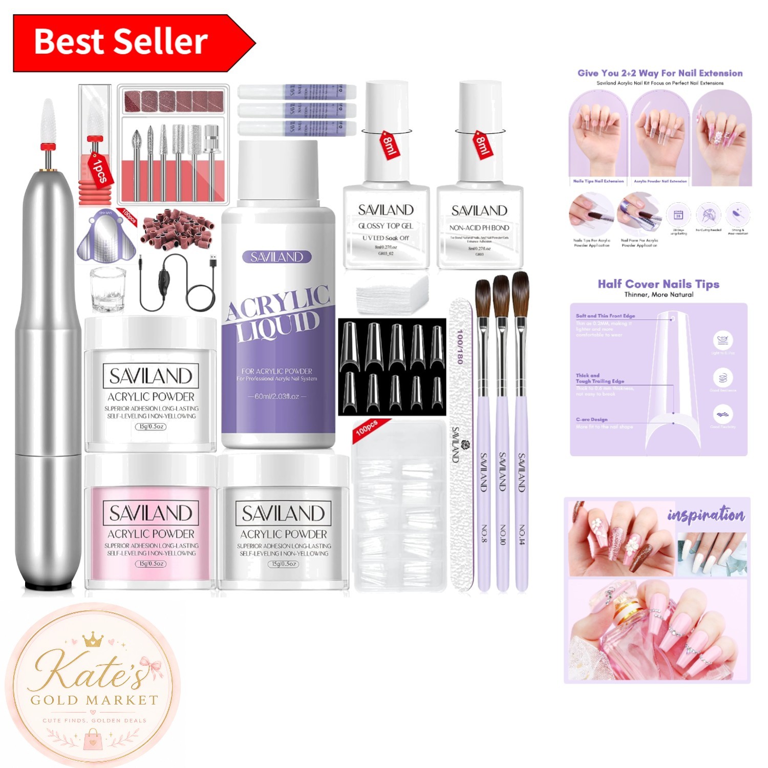 Saviland Acrylic Nail Kit with Drill: 15g Powder & 60ml Liquid for DIY Perfec…