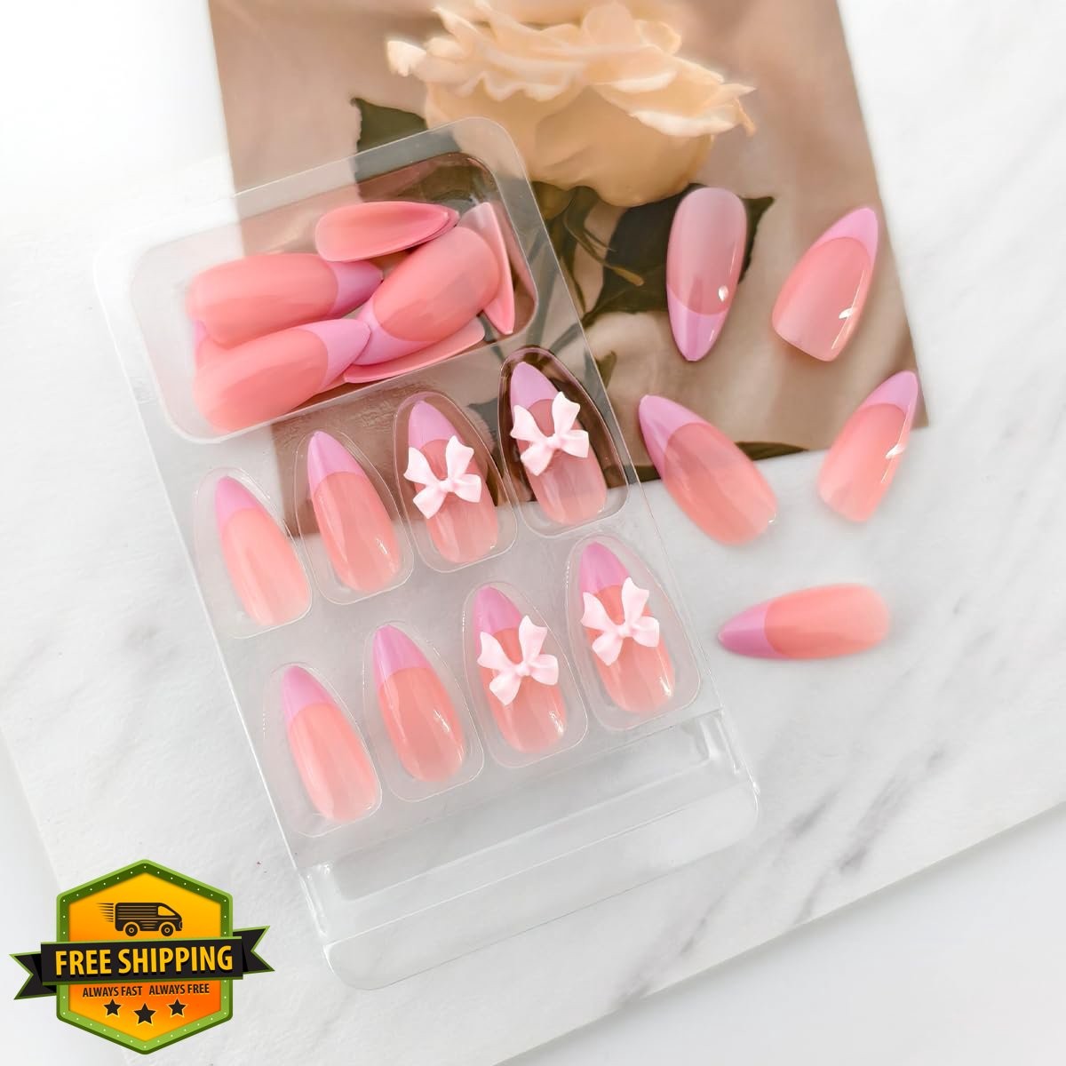 OSTTMA 24Pcs Pink French Tip Press on Nails Bow Medium