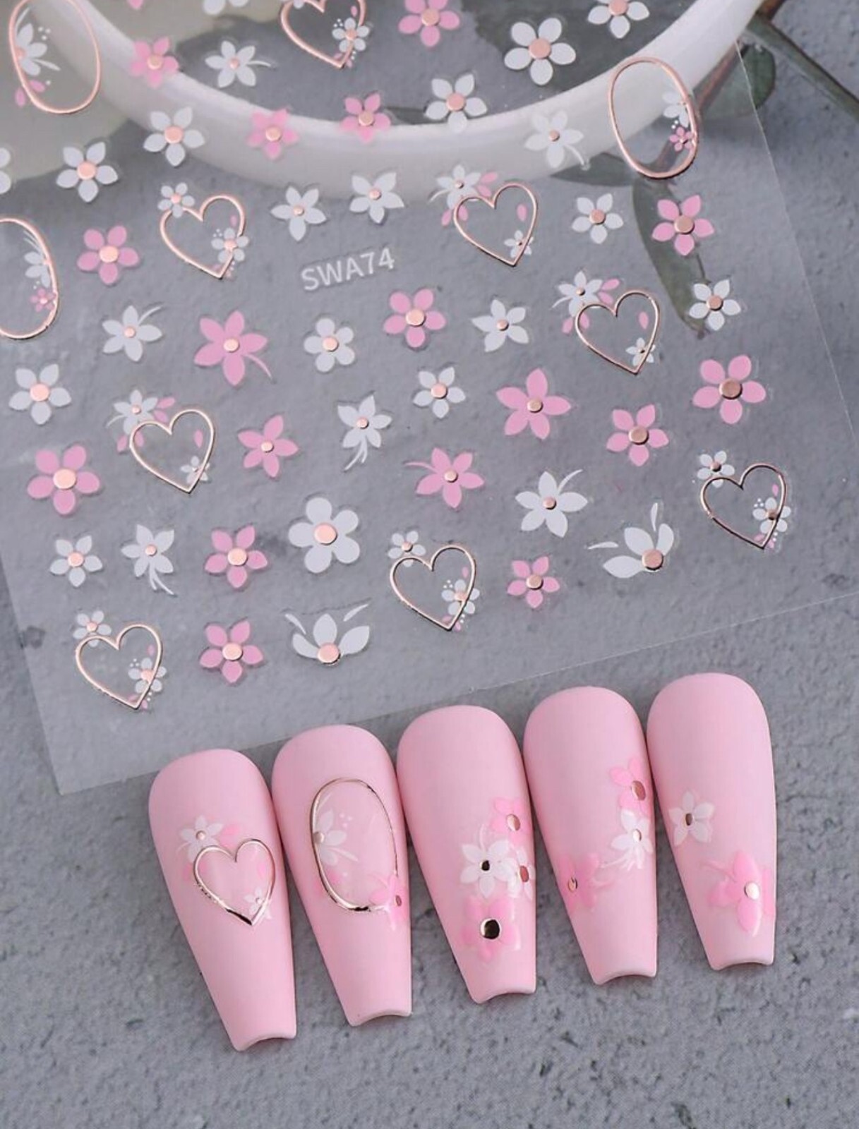 Nail Art Stickers Decals Spring Summer Flowers Heart Daisy Pink White (SWA74)
