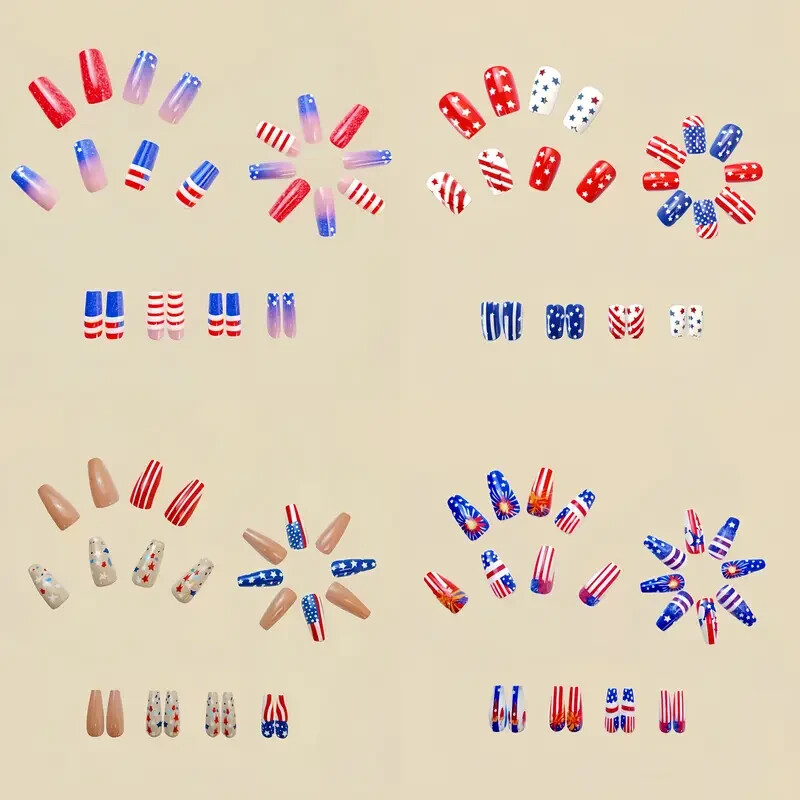 96pcs American Independence Day Press-On Nail Set, Glossy Finish, Medium/Long