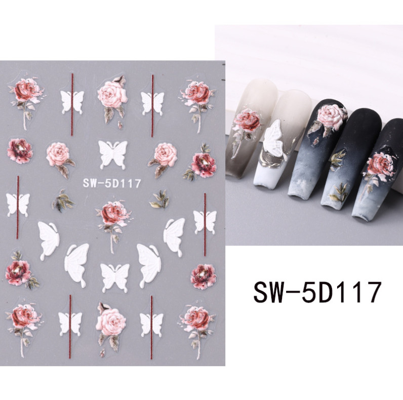 5D Embossed Daisy Tulip Butterfly Camellia Flower Nail Art Stickers Manicure