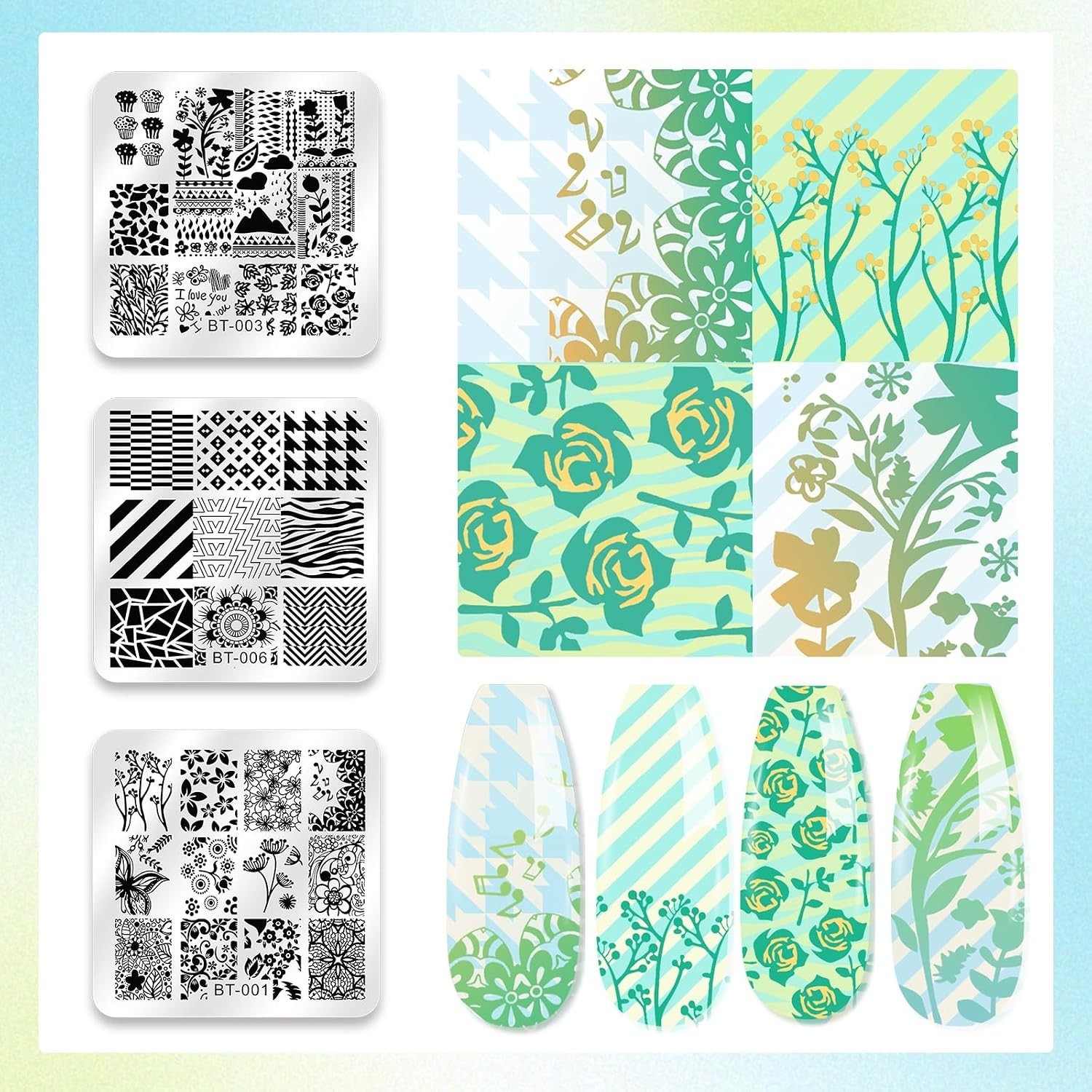 Durable Stainless Steel Nail Stamping Plates Set with 8 Vibrant Gel Polishes
