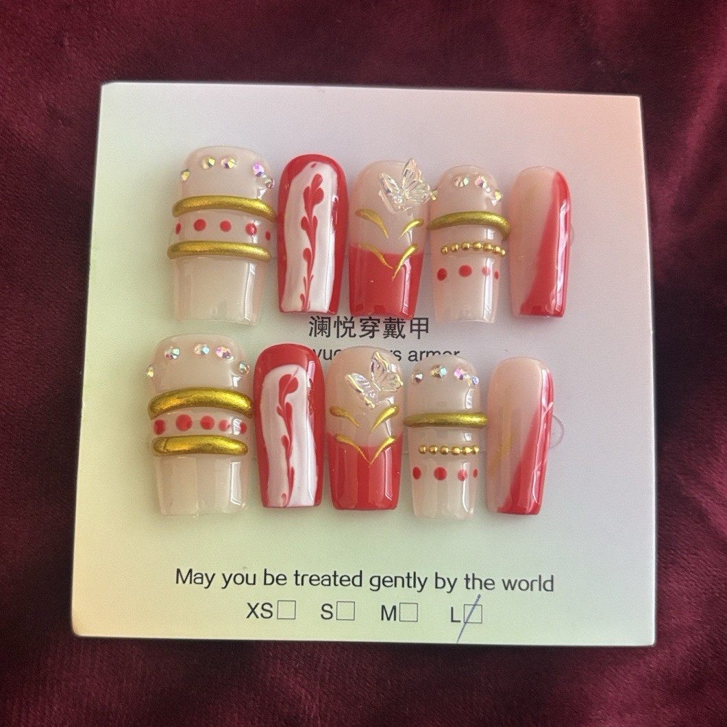 Press-On Nails Set Red/White/Gold Nude 3D Floral Pre-Designed Long Coffin