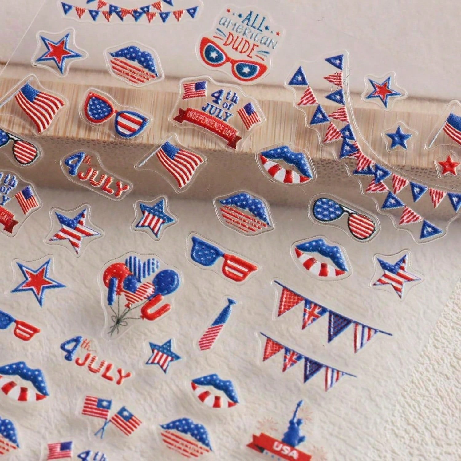 6 Sheets 4th of July Nail Art Stickers 3D Decals Red Blue White American Flags