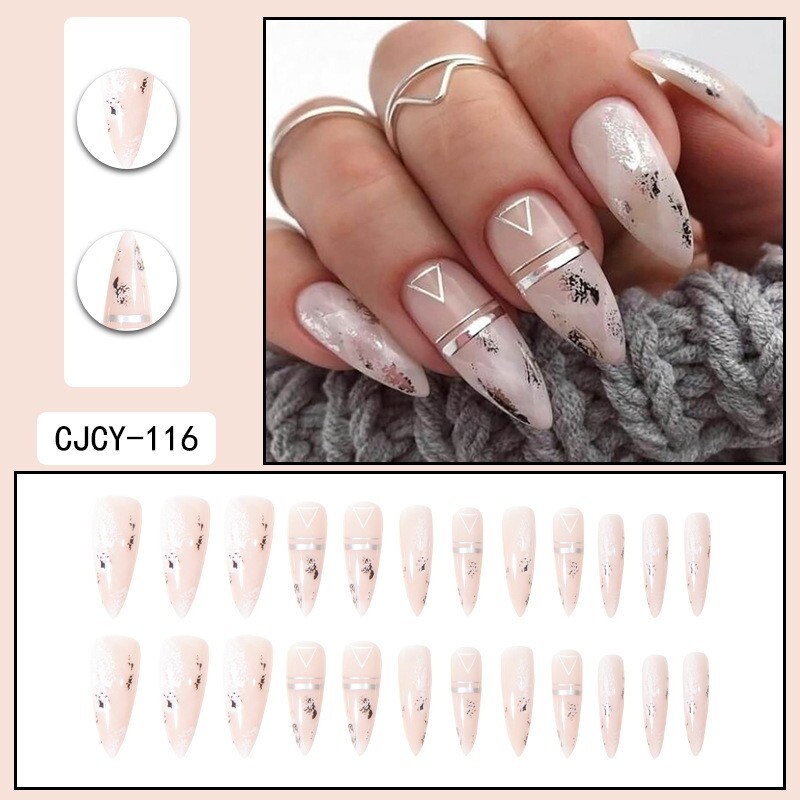 24 pc Nude Elegance Geometric Glitter Press-On Nails Glue Set Glue Included