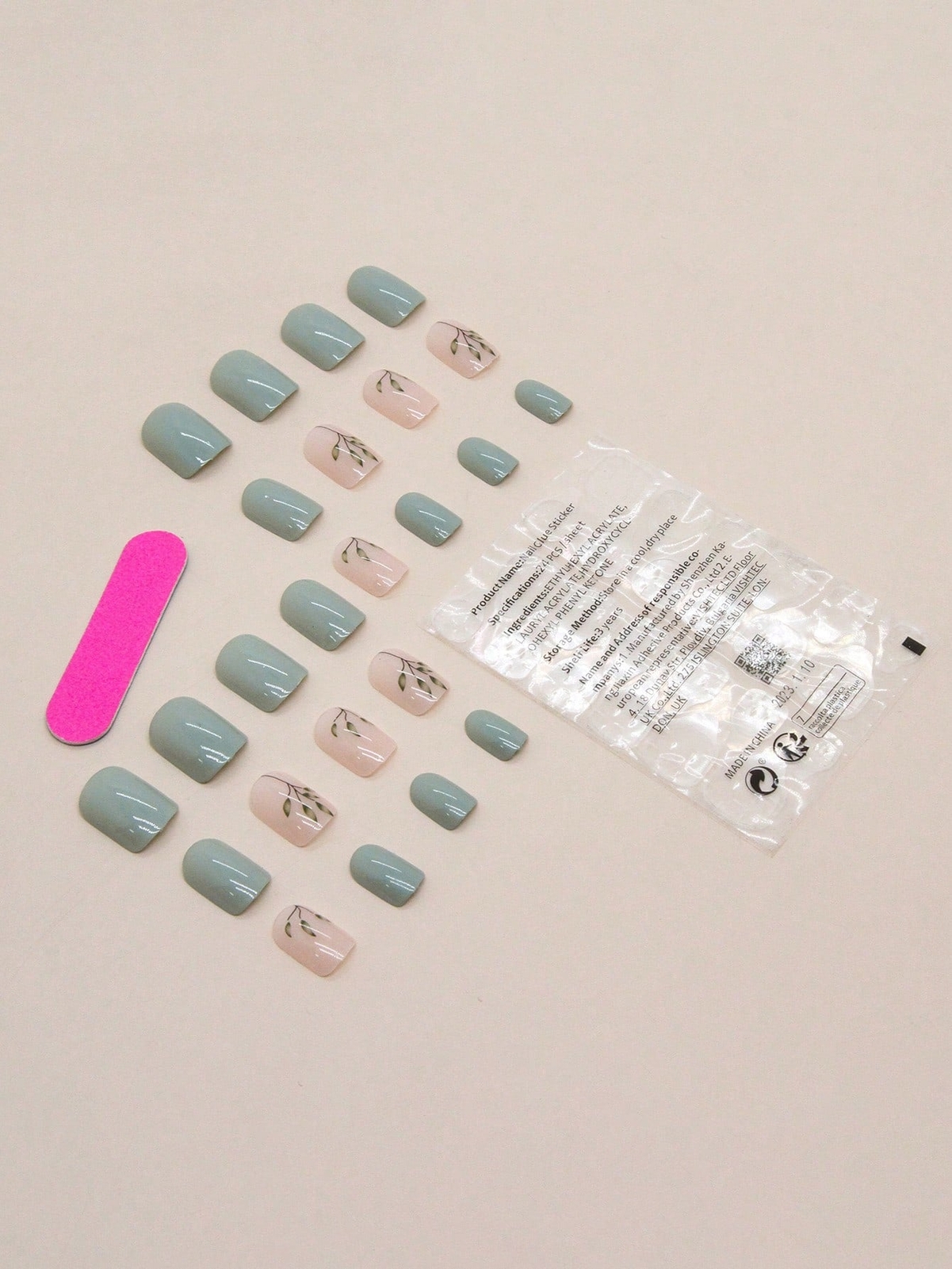 24pcs Short Square Leaf Pattern Pale Green Fake Nail Kit Press On Nails False