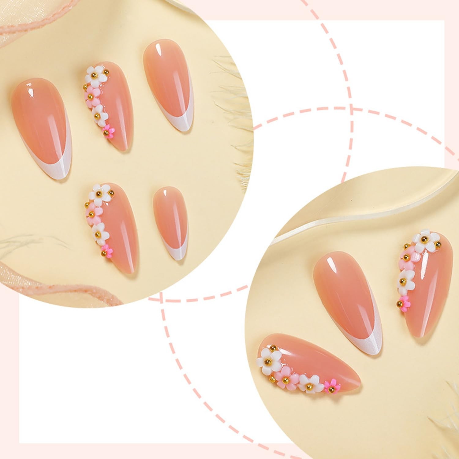 French Tip Press on Nails Short Fake Nails 3D Charms Flowers Designs False Na…