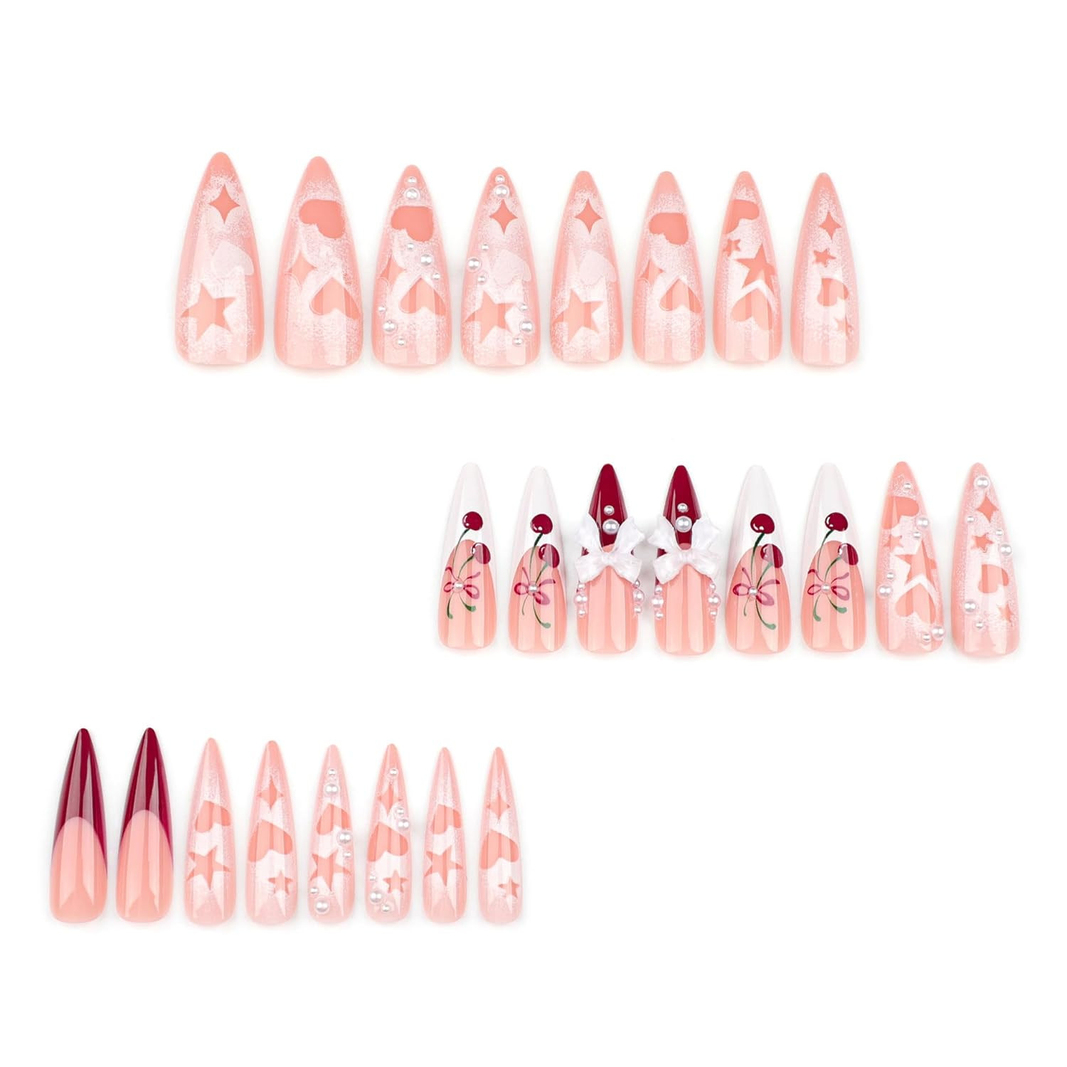 Acrylic False French Tip Nails with 3D Bow Cherry Design – 24 Pcs Set