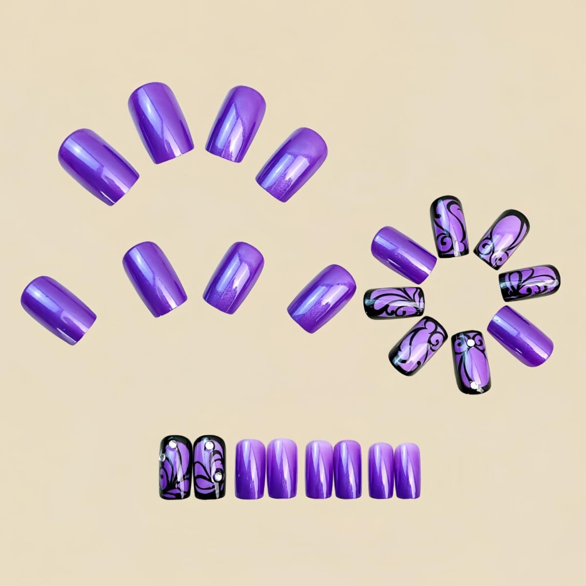 Purple Press On Nails Short Square Black Flowers Line Design Rhinestones
