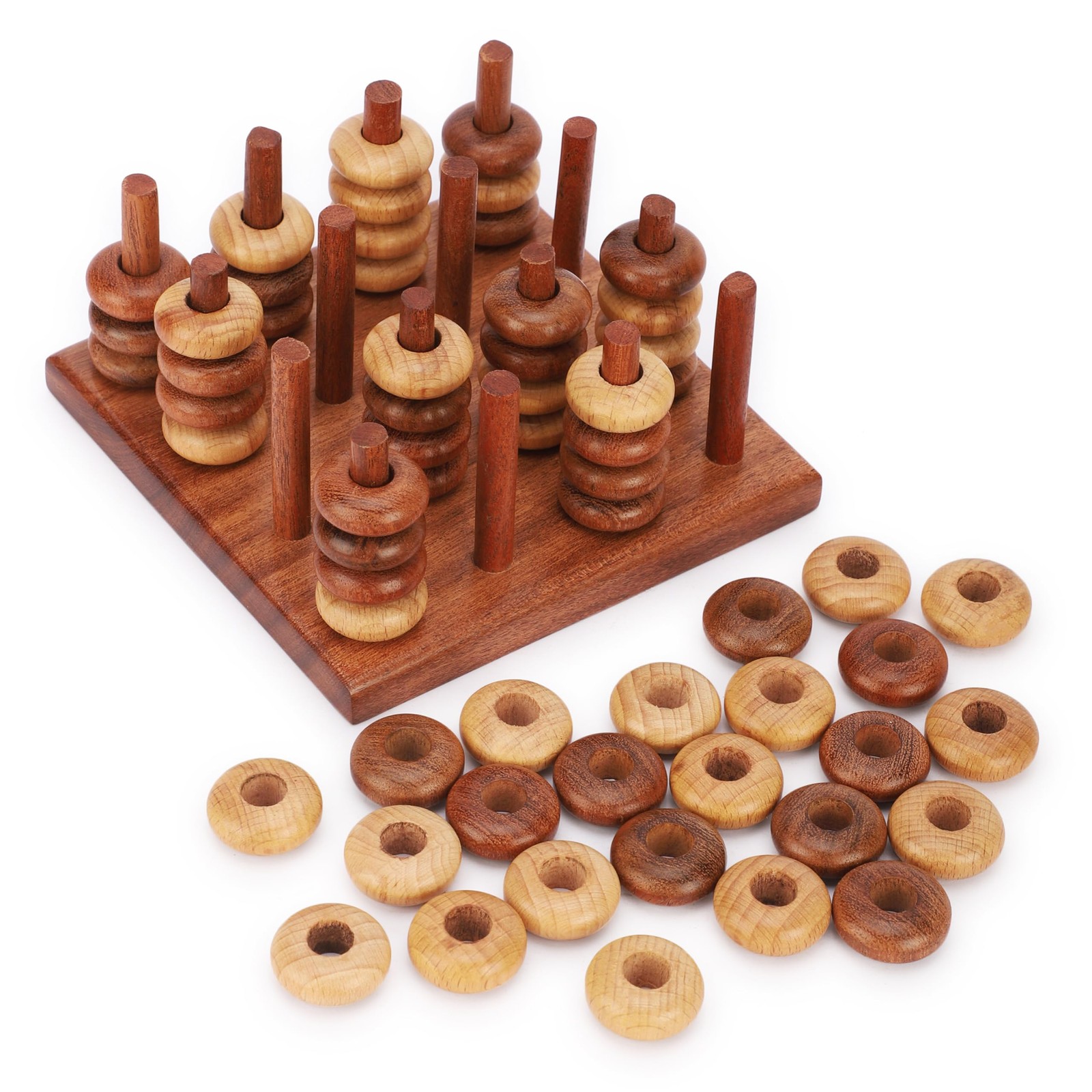 Ajuny 3D Connect Four in a Row Wooden Strategy Game 6 x 6 x 3.5 inch, Brown