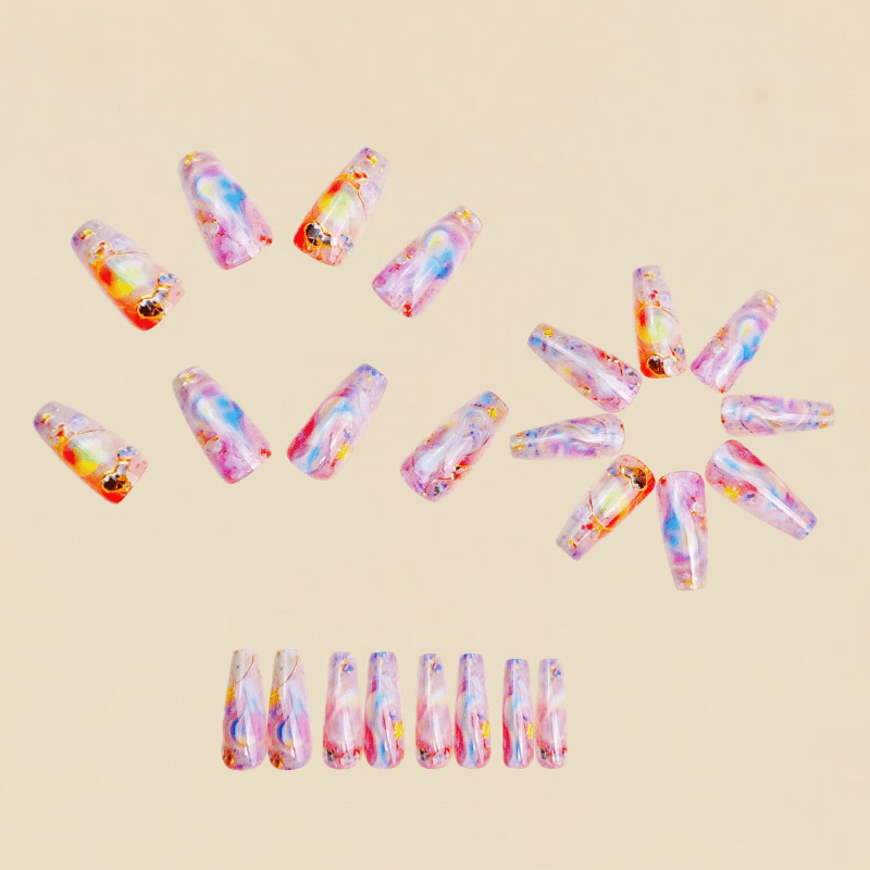 48 Pcs Iridescent Rhinestone Press on Nails, Long Coffin Nude Elegant Fake Nails