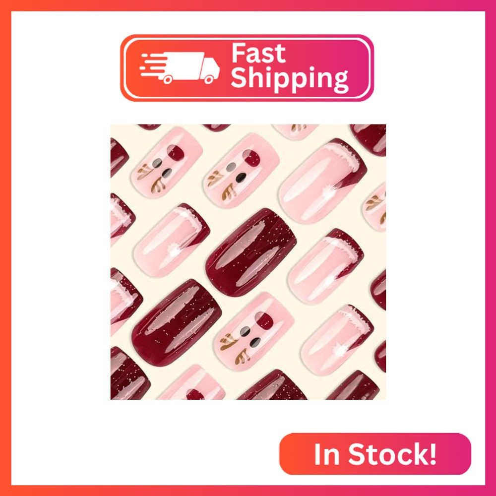 Christmas Press on Nails Medium Short Fake Nails Square Santa Hat French Tip Elk