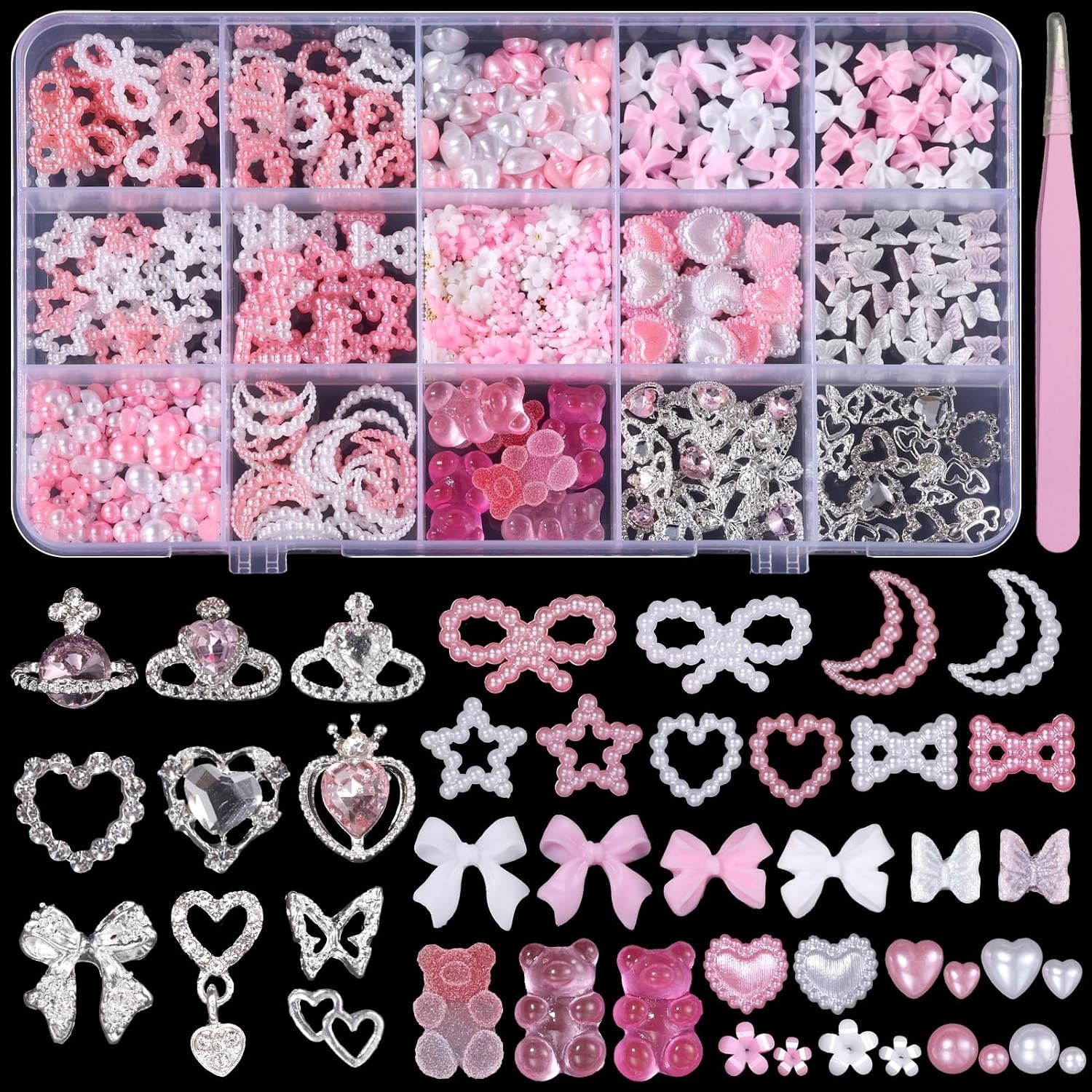 Silver Nail Gems Charms 3D Pink Pearl Bow Bear Nail Art Charms For Manicure |