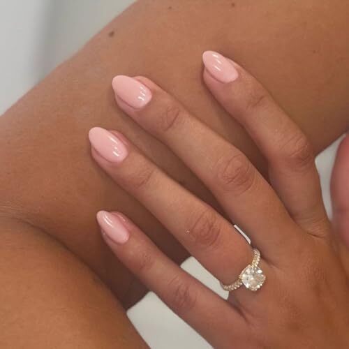 Pastel Peach Pink Press On Nails Short Oval,Natural Round glossy pastel pink