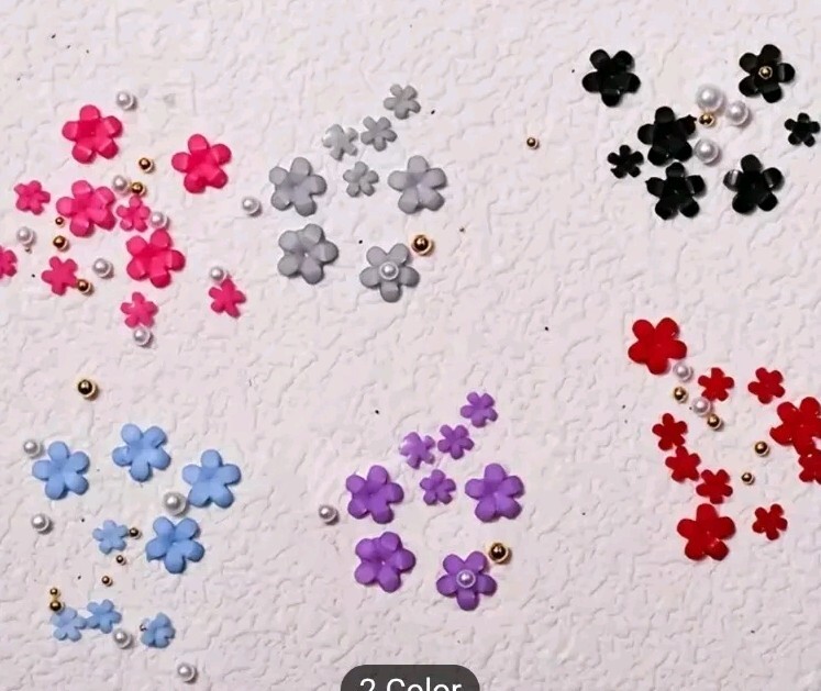 Box Lot 3D Nail Art Charms Flowers Pearls 6 Colors Pink Blue Black Purple Red